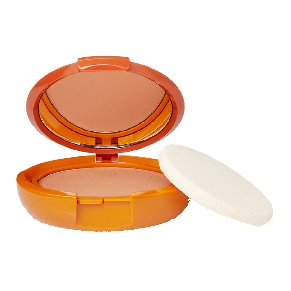 Crema solare compatta in confezione arancione, con specchio e spugna. Aperta, prodotto visibile.