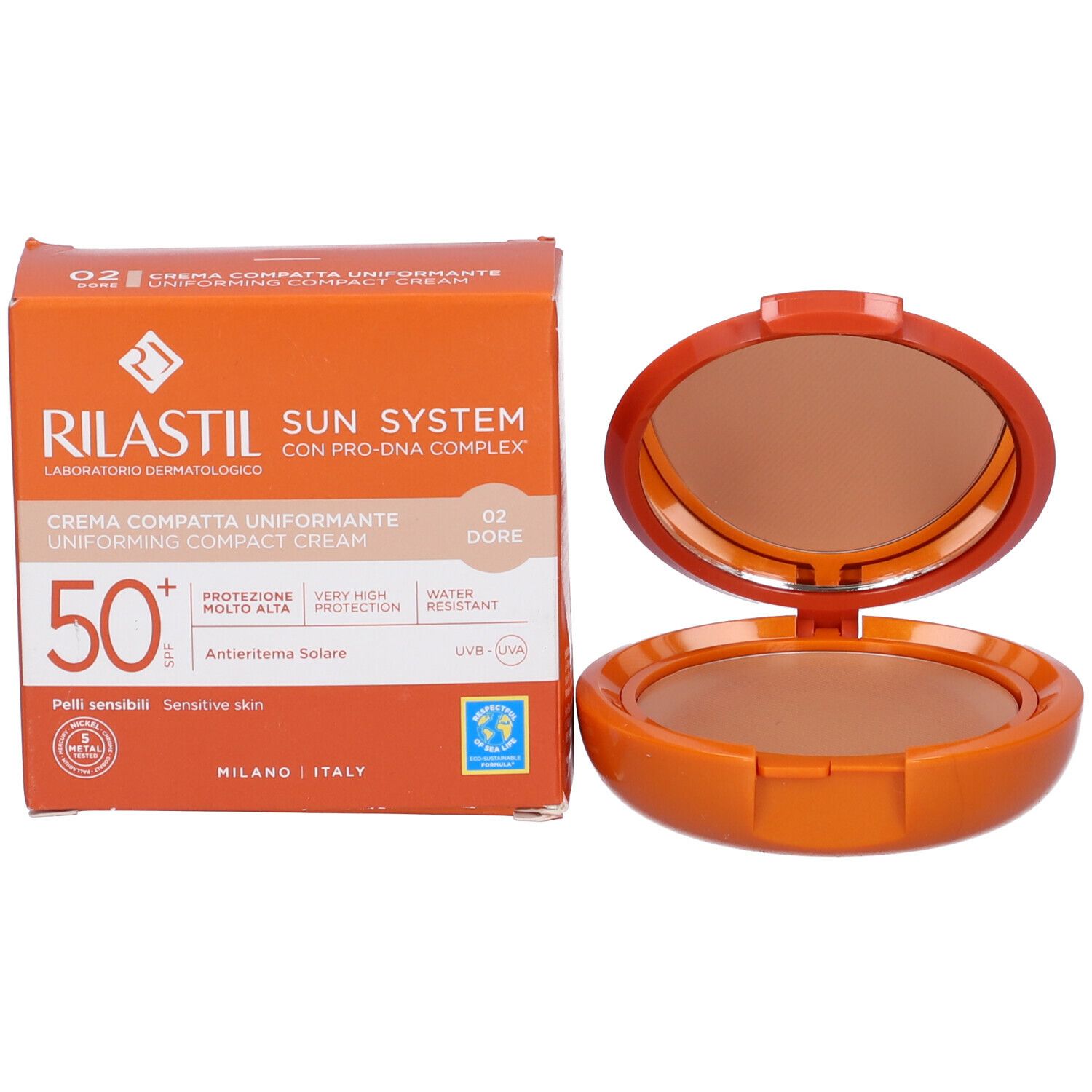 Crema solare compatta e confezione. Scatola arancione, testo e logo visibili.