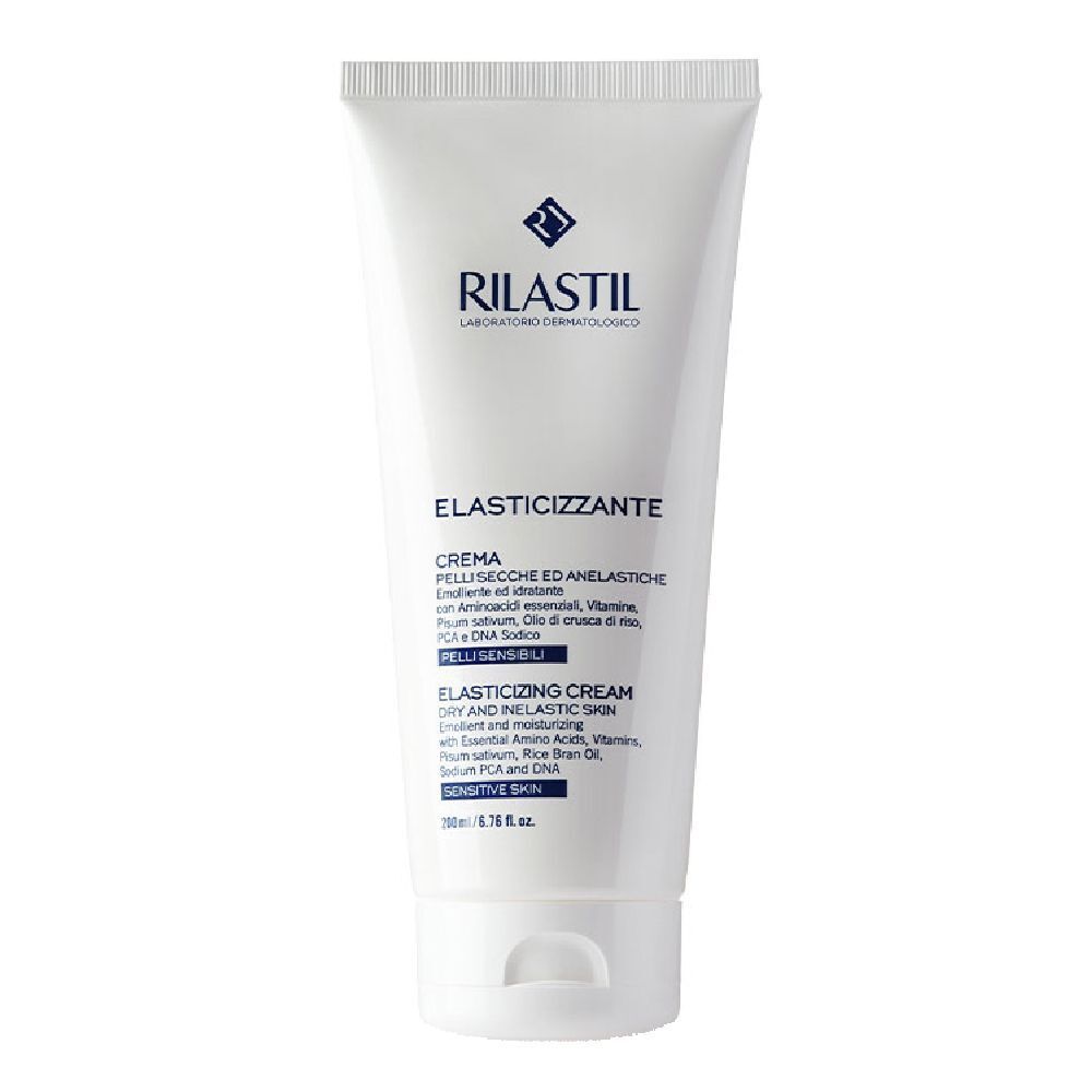 Tubo bianco con logo blu e scritta ELASTICIZZANTE. Crema per pelli secche e anelastiche.