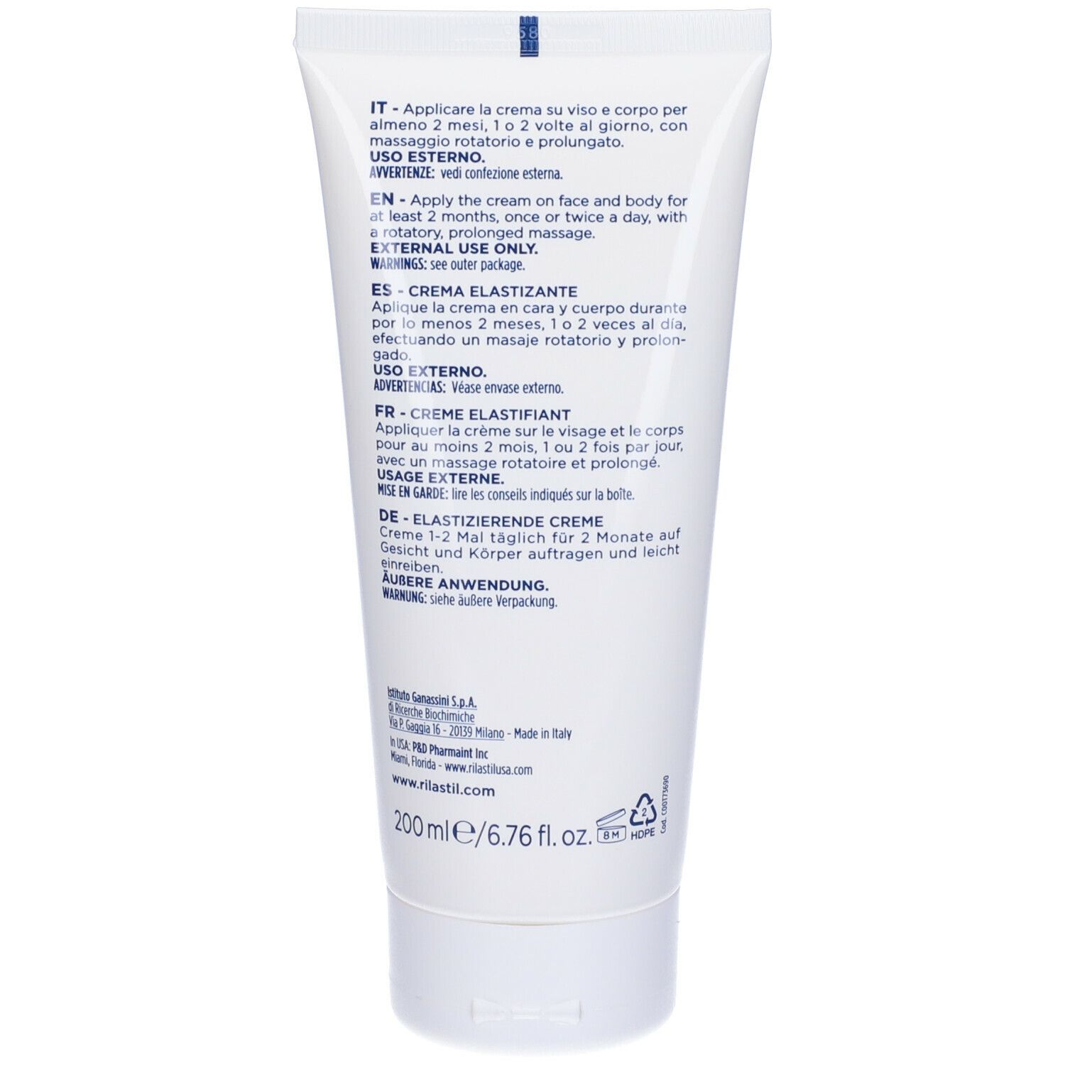 Retro di un tubo bianco con testo multilingue. Contiene istruzioni e ingredienti.
