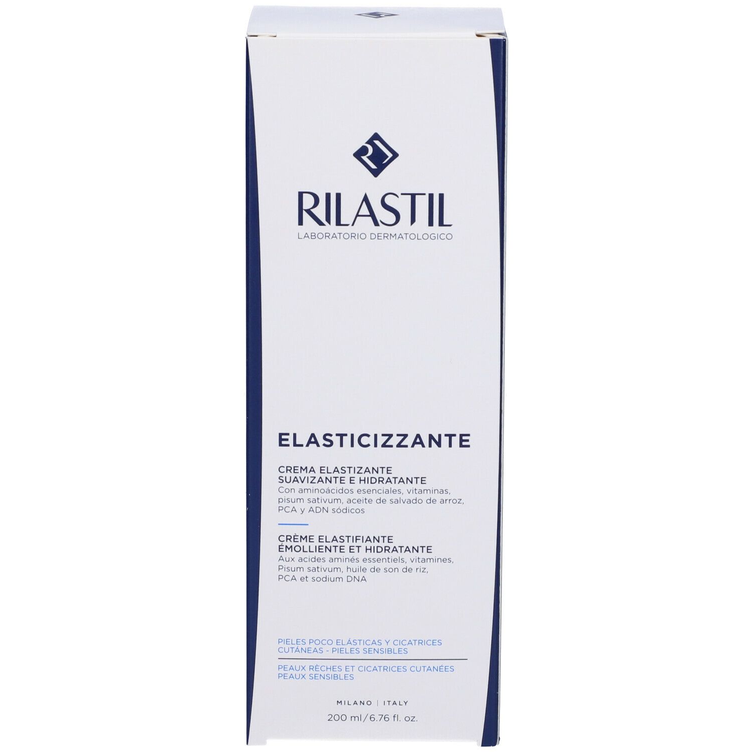Confezione del prodotto con logo blu e scritta ELASTICIZZANTE. Contiene testo multilingue.