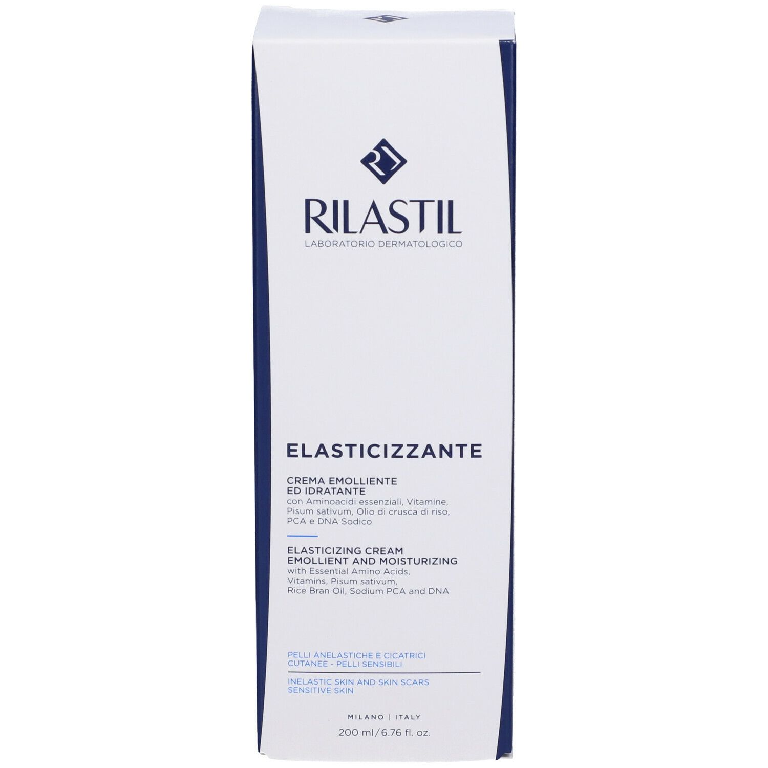 Confezione del prodotto con logo blu e scritta ELASTICIZZANTE. Contiene testo multilingue.