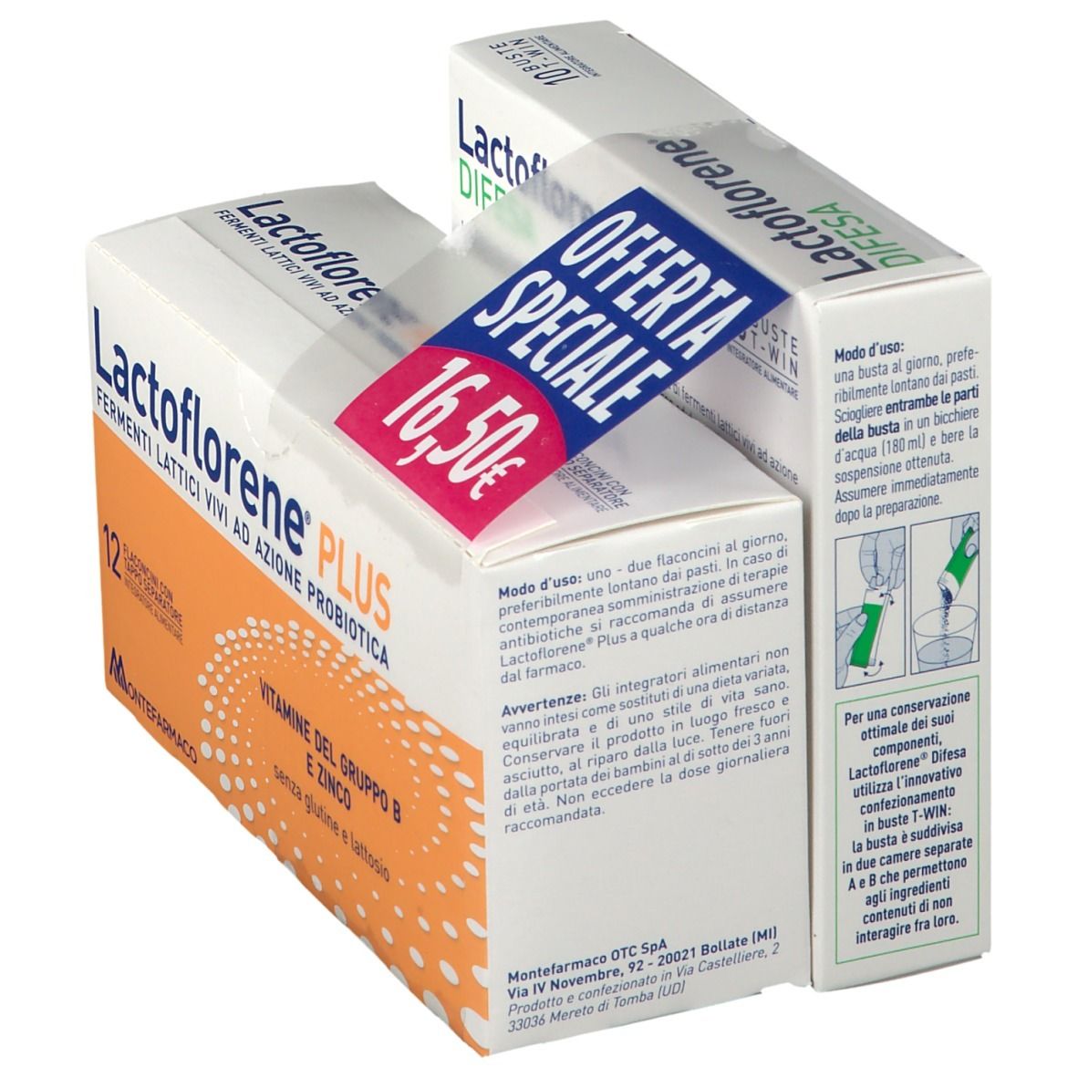 Due confezioni di Lactoflorene® Plus. Contiene 12 flaconcini con probiotici. Adesivo con prezzo 16,50€. Istruzioni sul retro.
