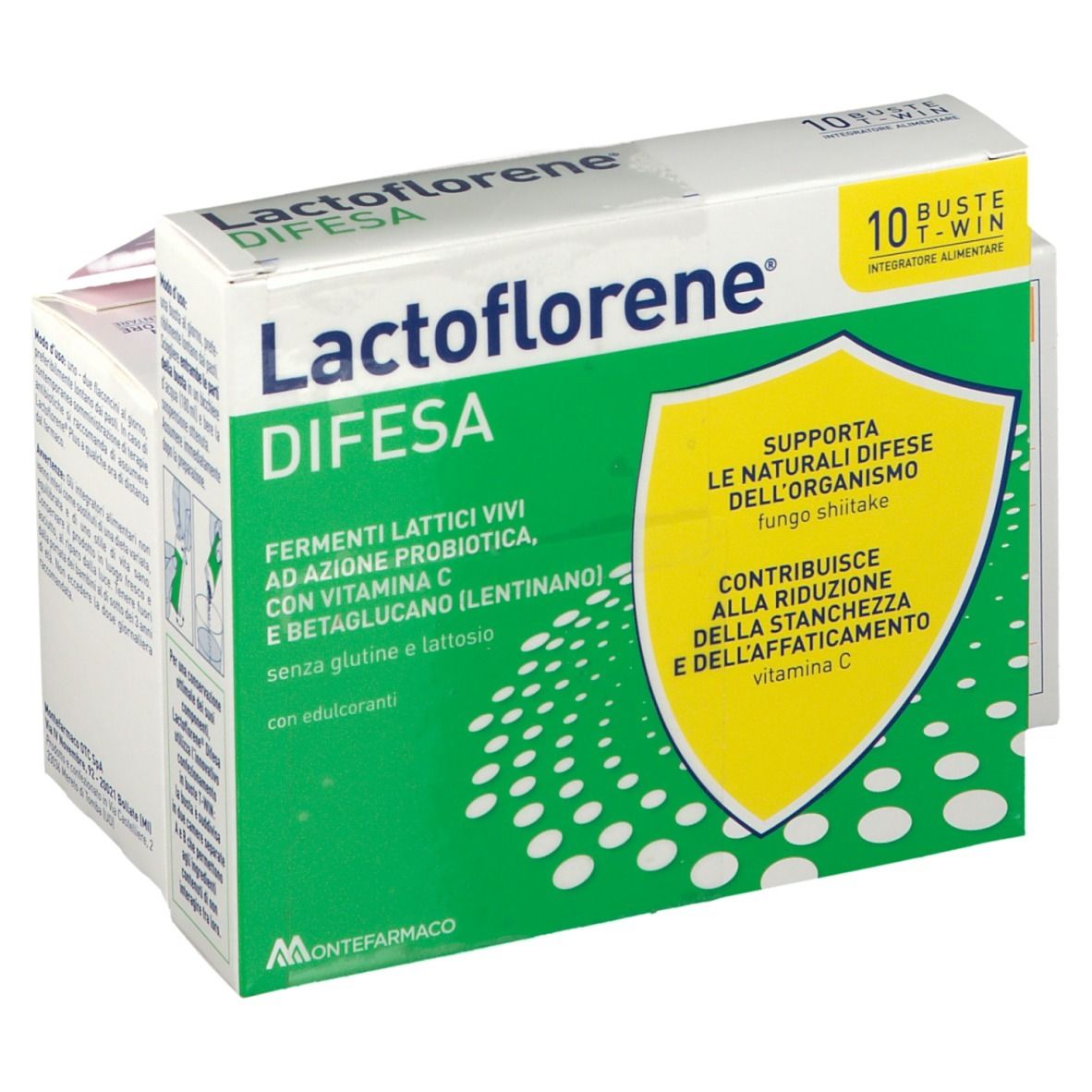Confezione di Lactoflorene® Difesa. Contiene 10 bustine con probiotici, vitamina C e betaglucano. Confezione verde e bianca.