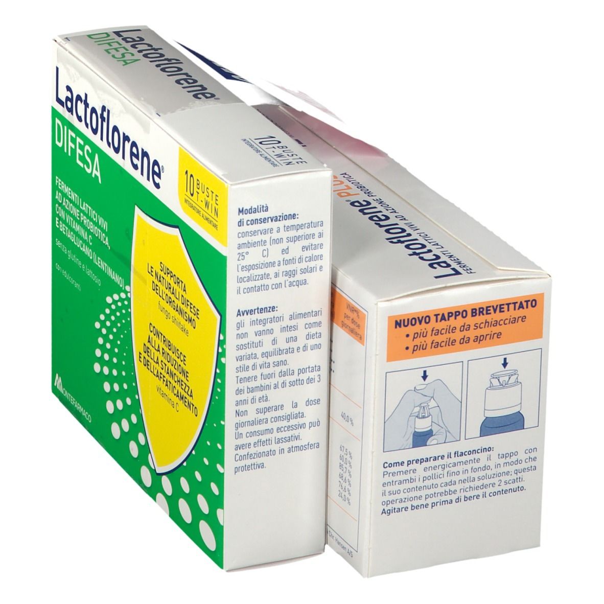 Due confezioni di Lactoflorene® Difesa. Contiene 10 bustine. Istruzioni e informazioni sull'uso sul retro.