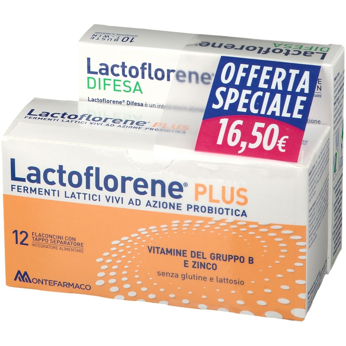 Confezione di Lactoflorene® Plus. Contiene 12 flaconcini. Confezione di Lactoflorene® Difesa. Contiene 10 bustine. Adesivo con prezzo.