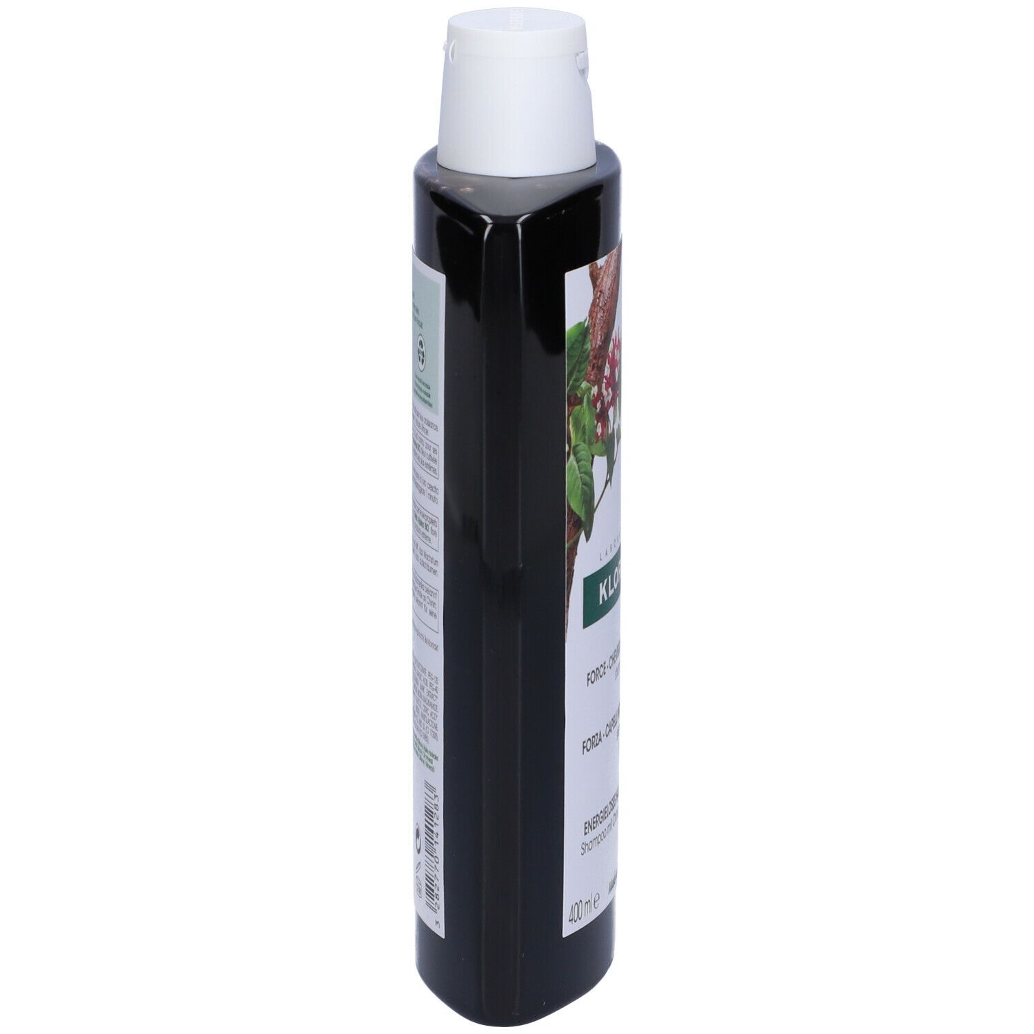Flacone shampoo Klorane. Marrone, tappo bianco. Vista laterale.
