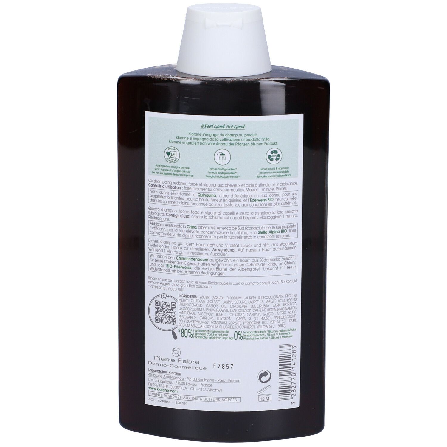 Retro del flacone shampoo Klorane. Testo e informazioni.