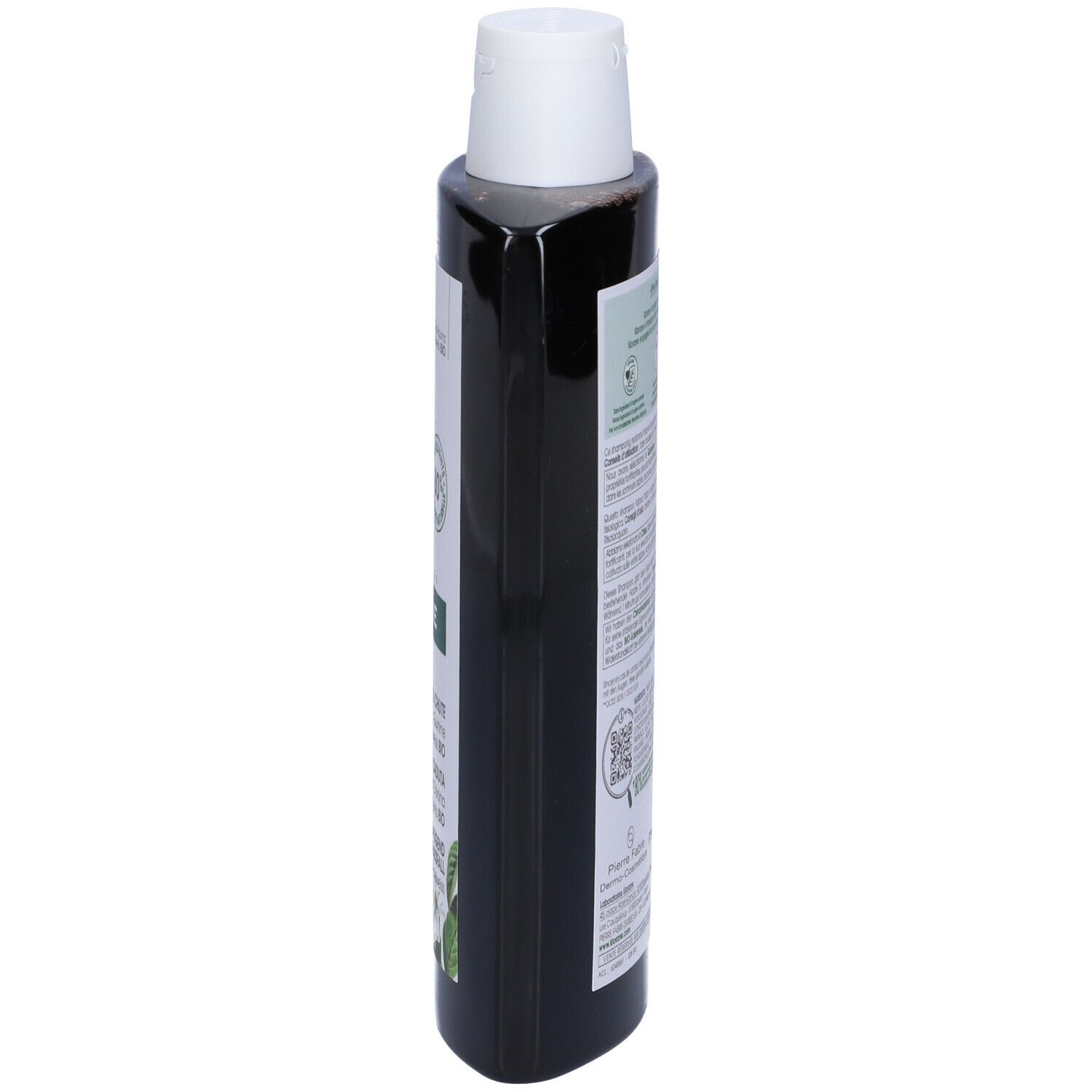 Flacone shampoo Klorane. Marrone, tappo bianco. Vista laterale.