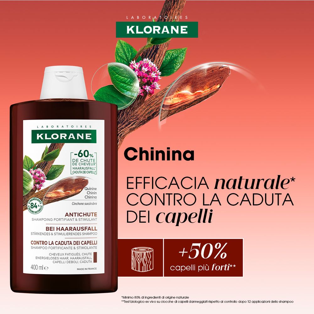 Flacone shampoo Klorane. Marrone, tappo bianco. Etichetta con informazioni e logo.