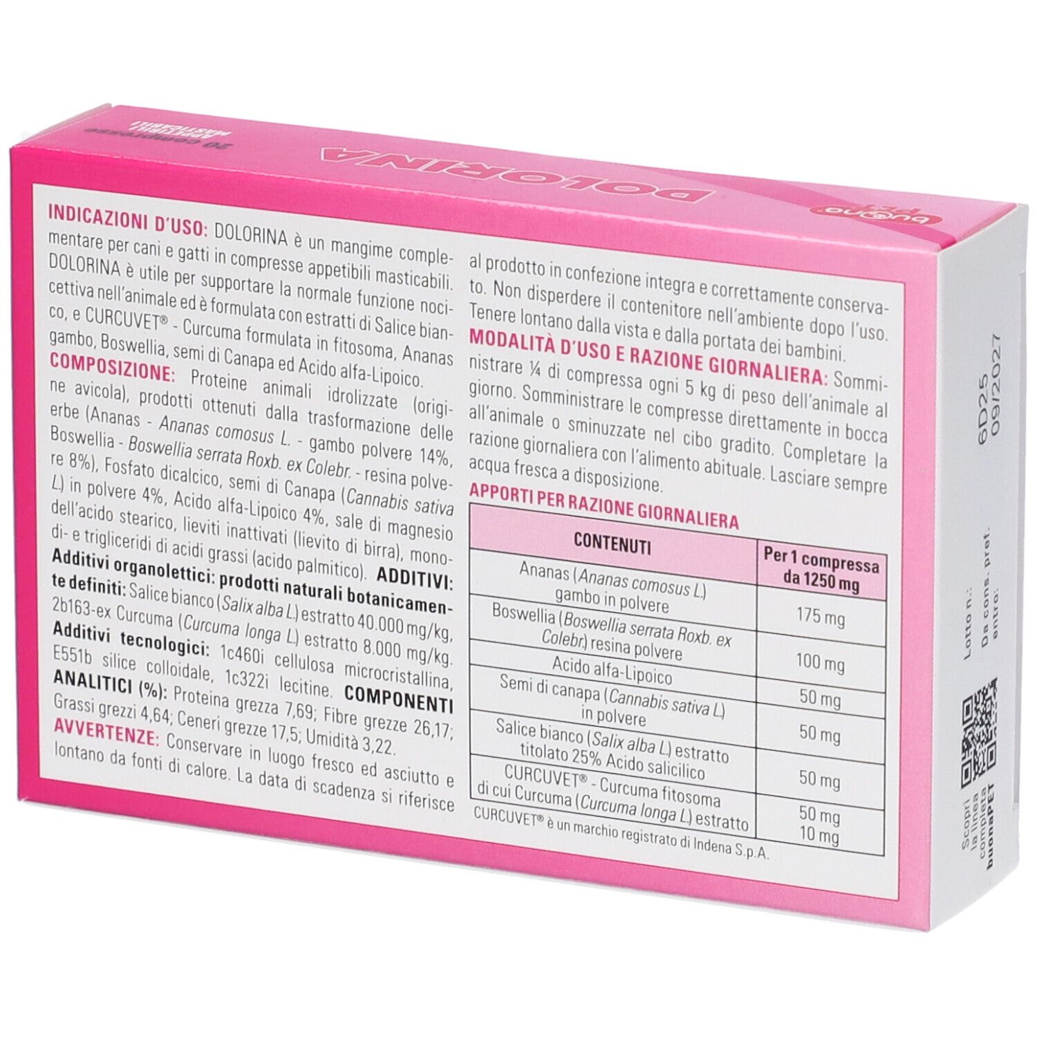 Seitenansicht der Dolorina-Verpackung mit detaillierten Inhaltsstoffen und Dosierung.