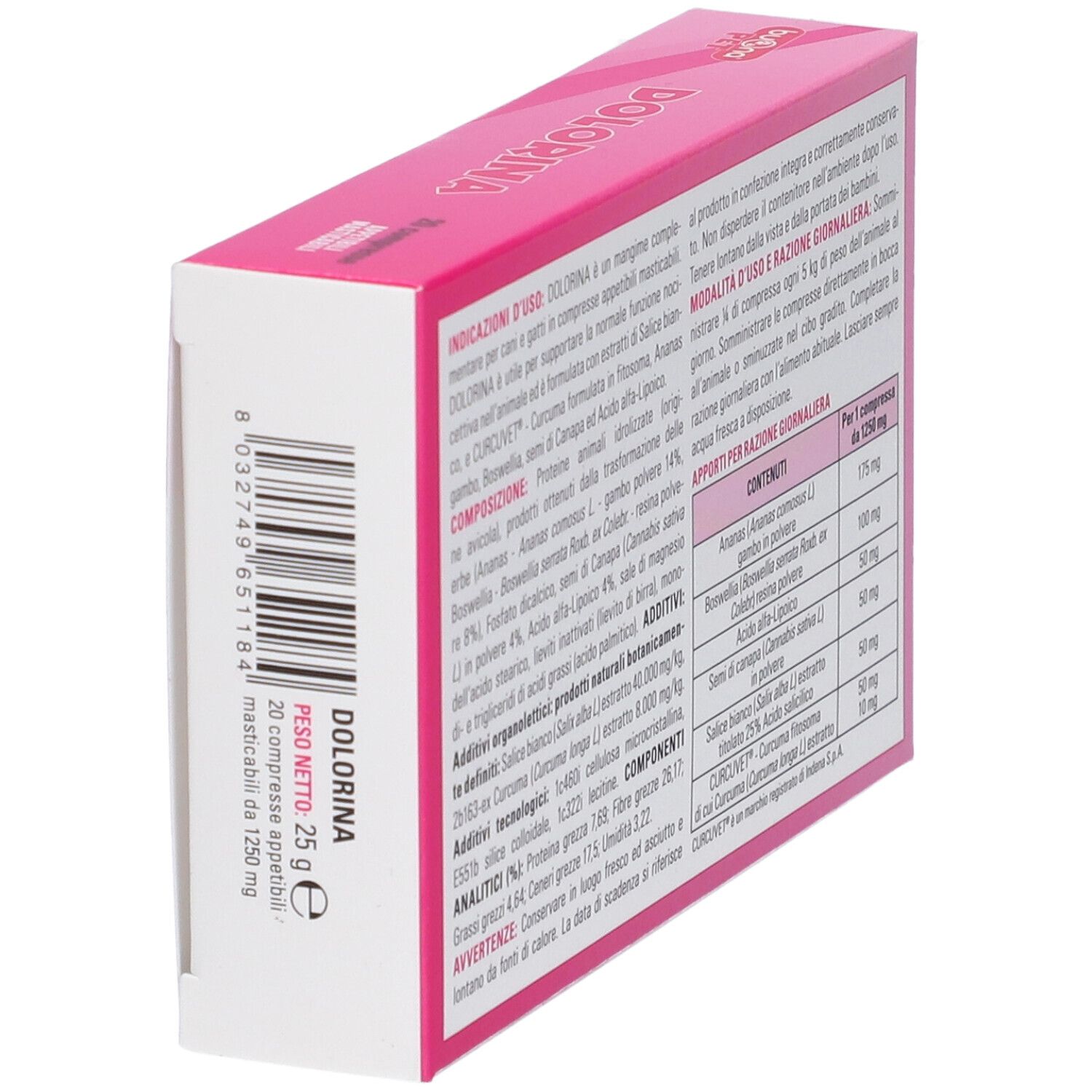 Seitenansicht der Dolorina-Verpackung mit Barcode und Produktinformationen.