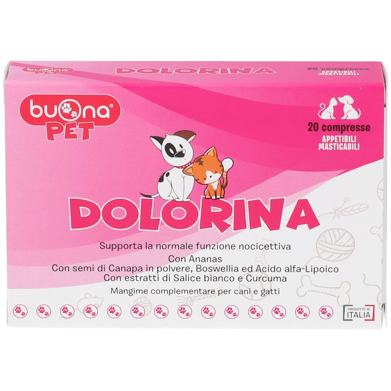 Vorderseite der Dolorina-Verpackung mit Illustrationen von Hunden und Katzen.