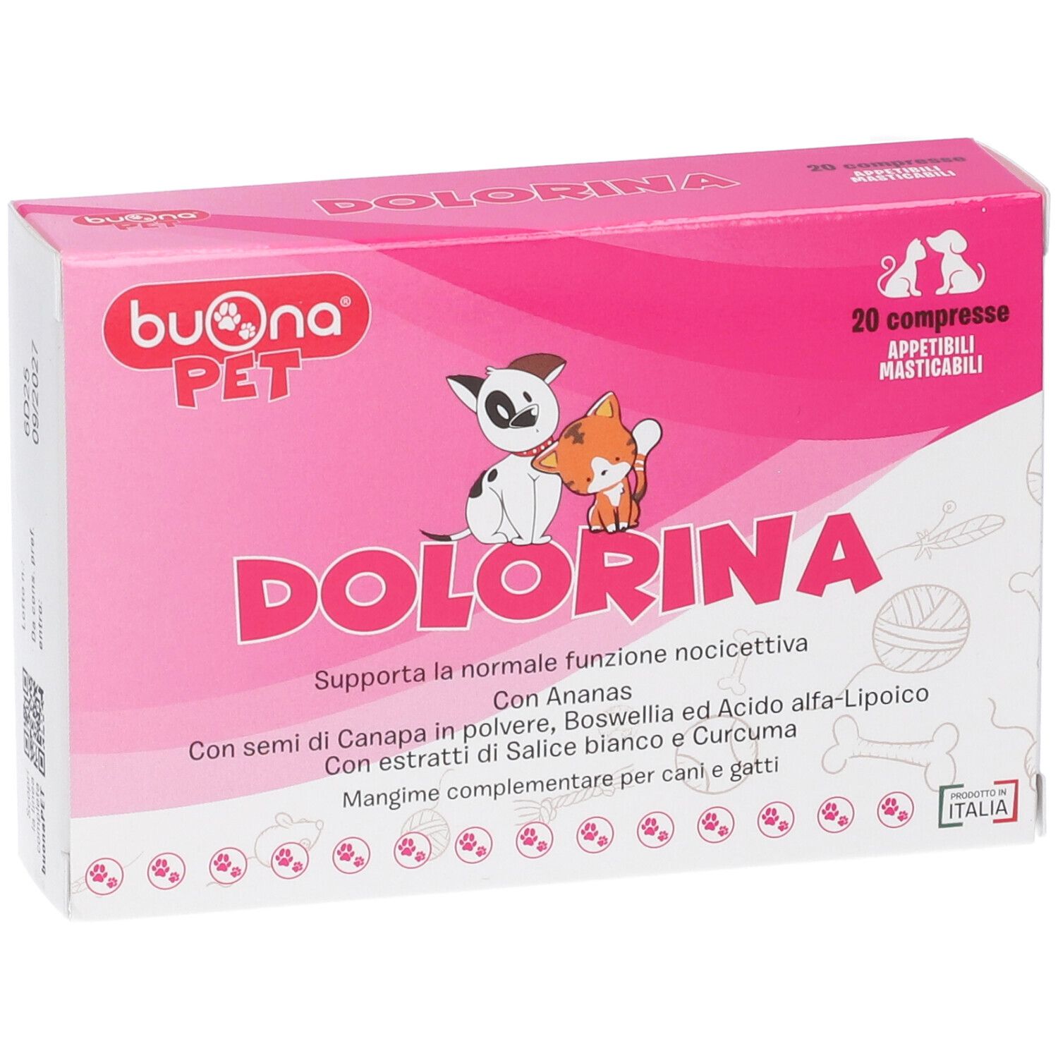 Verpackung von Dolorina 20 Kau-Tabletten für Hunde und Katzen, mit italienischer Beschriftung.