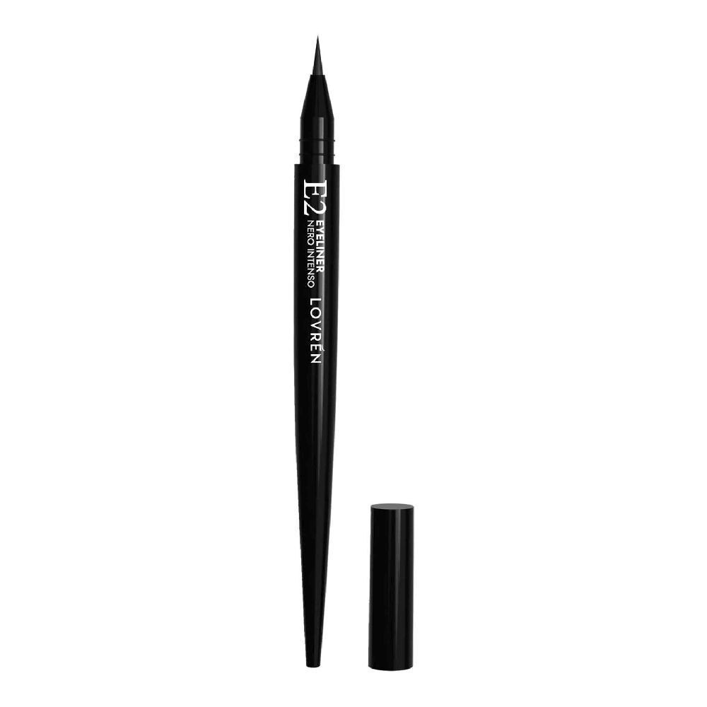Eyeliner nero con cappuccio. Sulla penna è scritto: E2 Eyeliner Nero Intenso Lovrén.