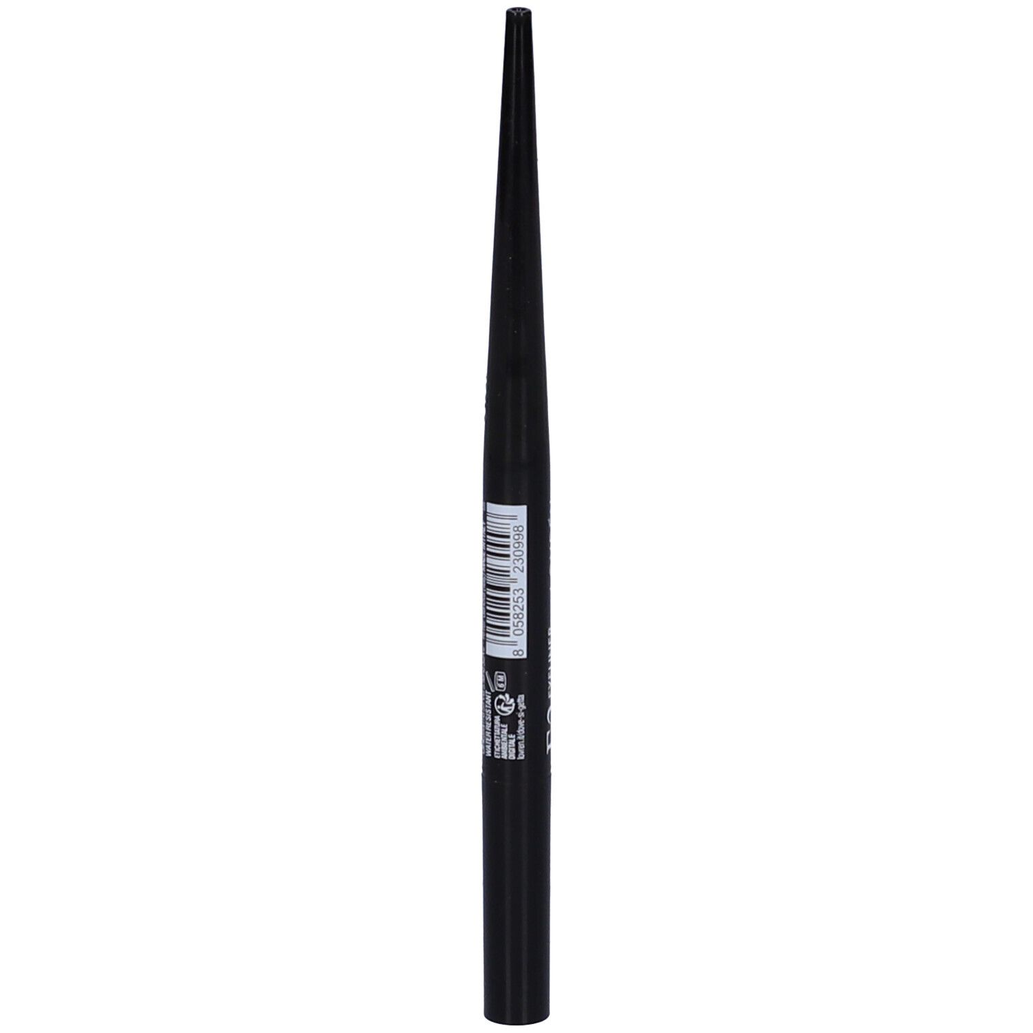 Penna eyeliner nera. Informazioni sul prodotto e codice a barre visibili sulla penna.
