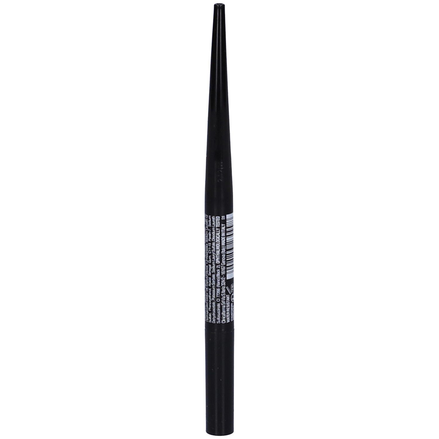 Penna eyeliner nera. Informazioni sul prodotto e codice a barre visibili sulla penna.