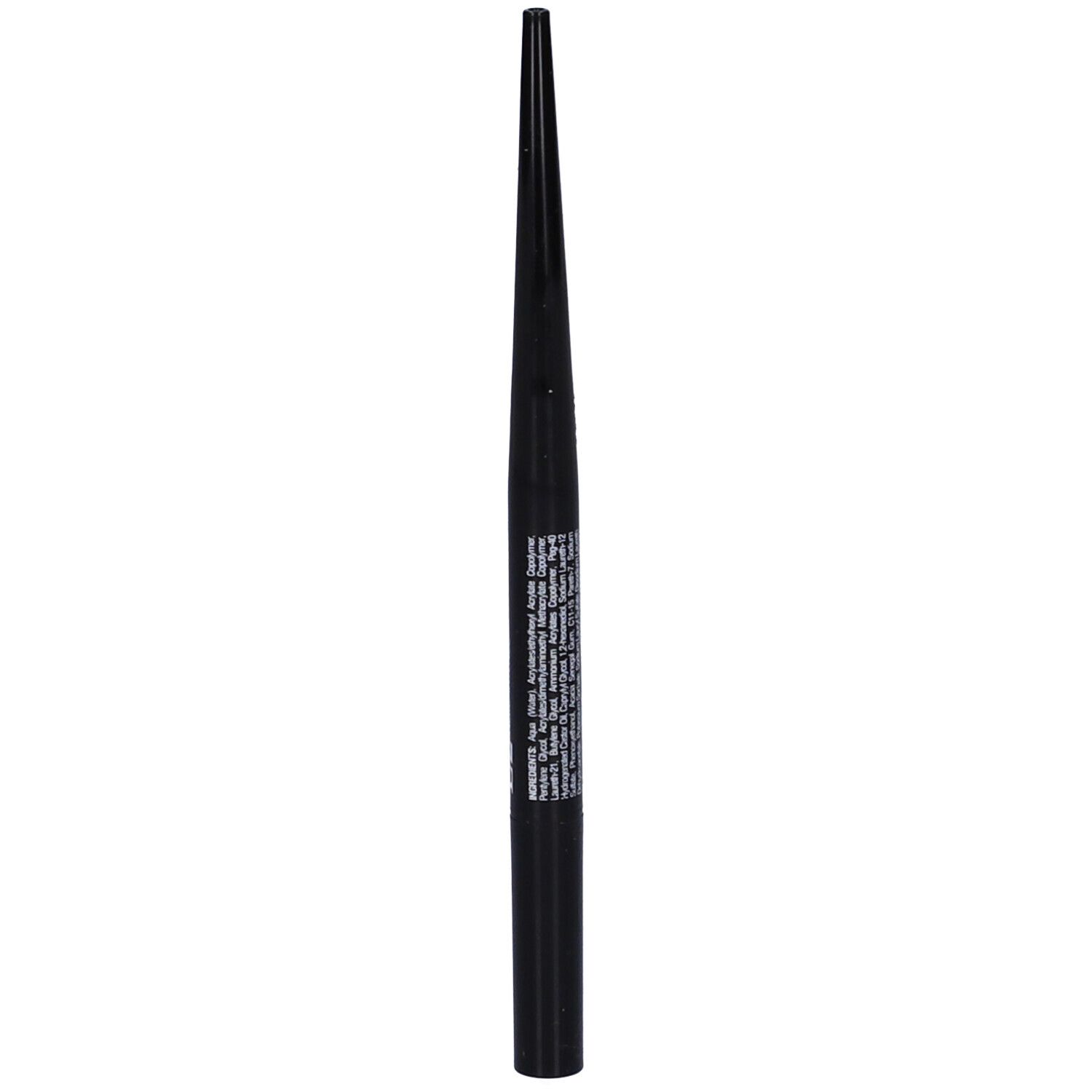 Penna eyeliner nera. Informazioni sul prodotto visibili sulla penna.