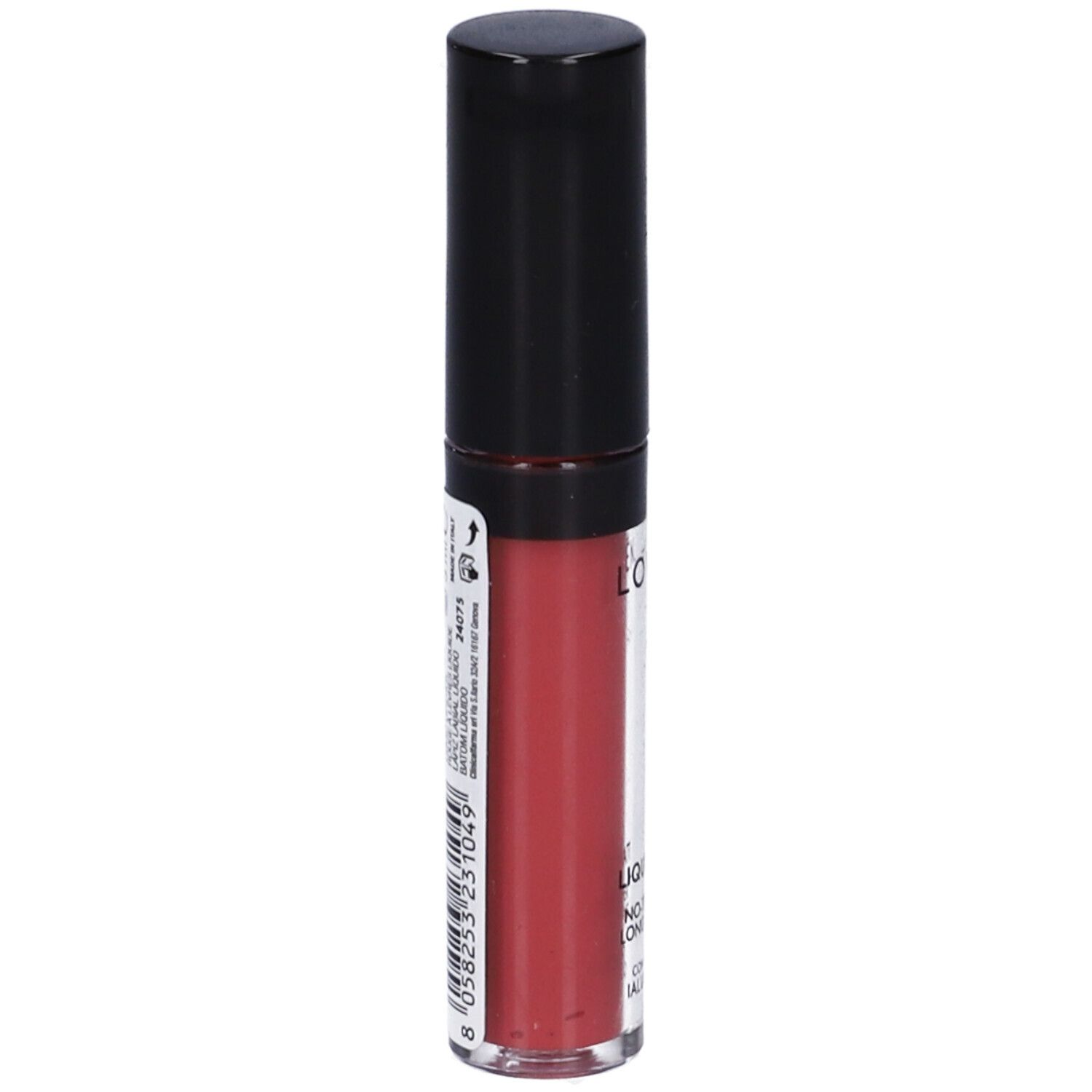 Rossetto liquido con tappo nero. Tonalità rosa. Etichetta sul retro con testo e codice a barre.