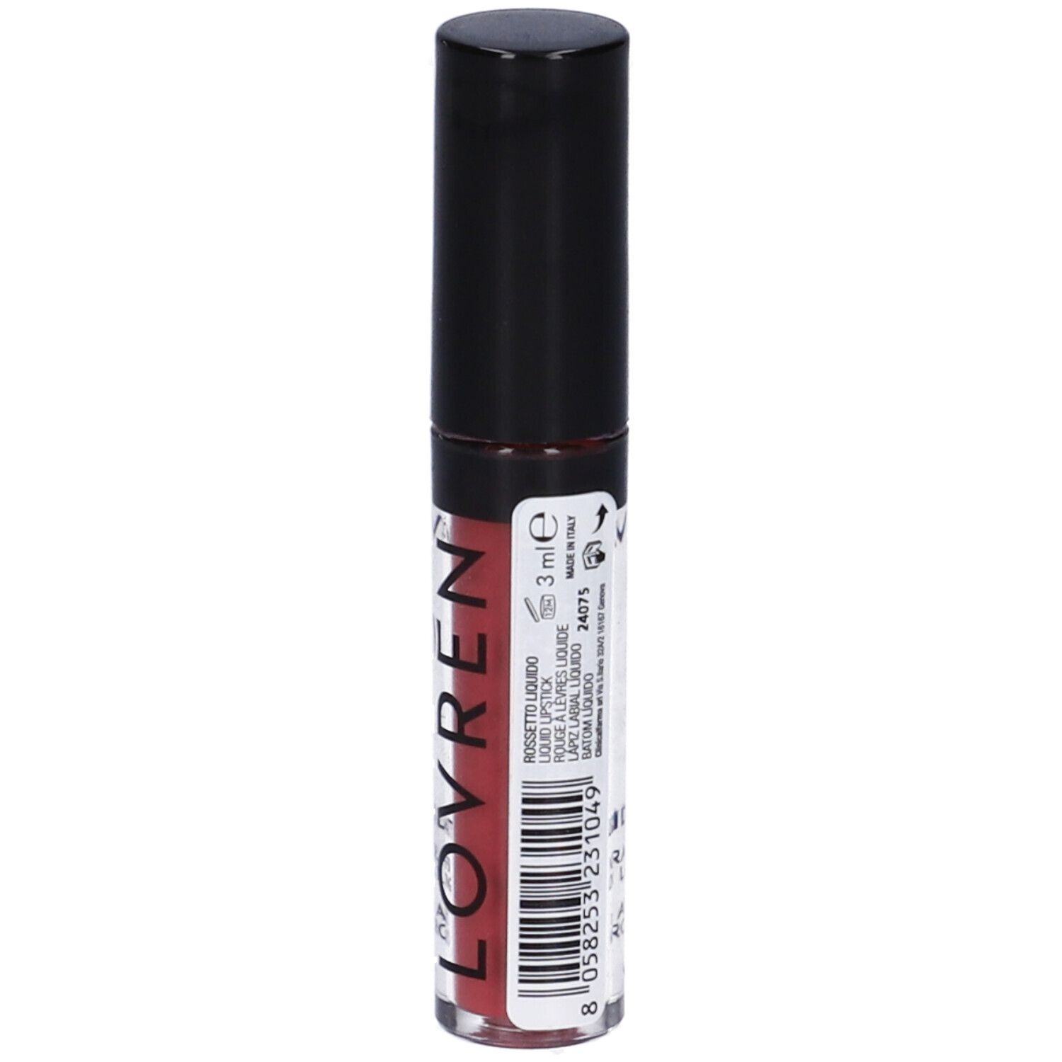 Rossetto liquido con tappo nero. Tonalità rosa. Etichetta sul retro con testo, codice a barre e volume: 3 ml.
