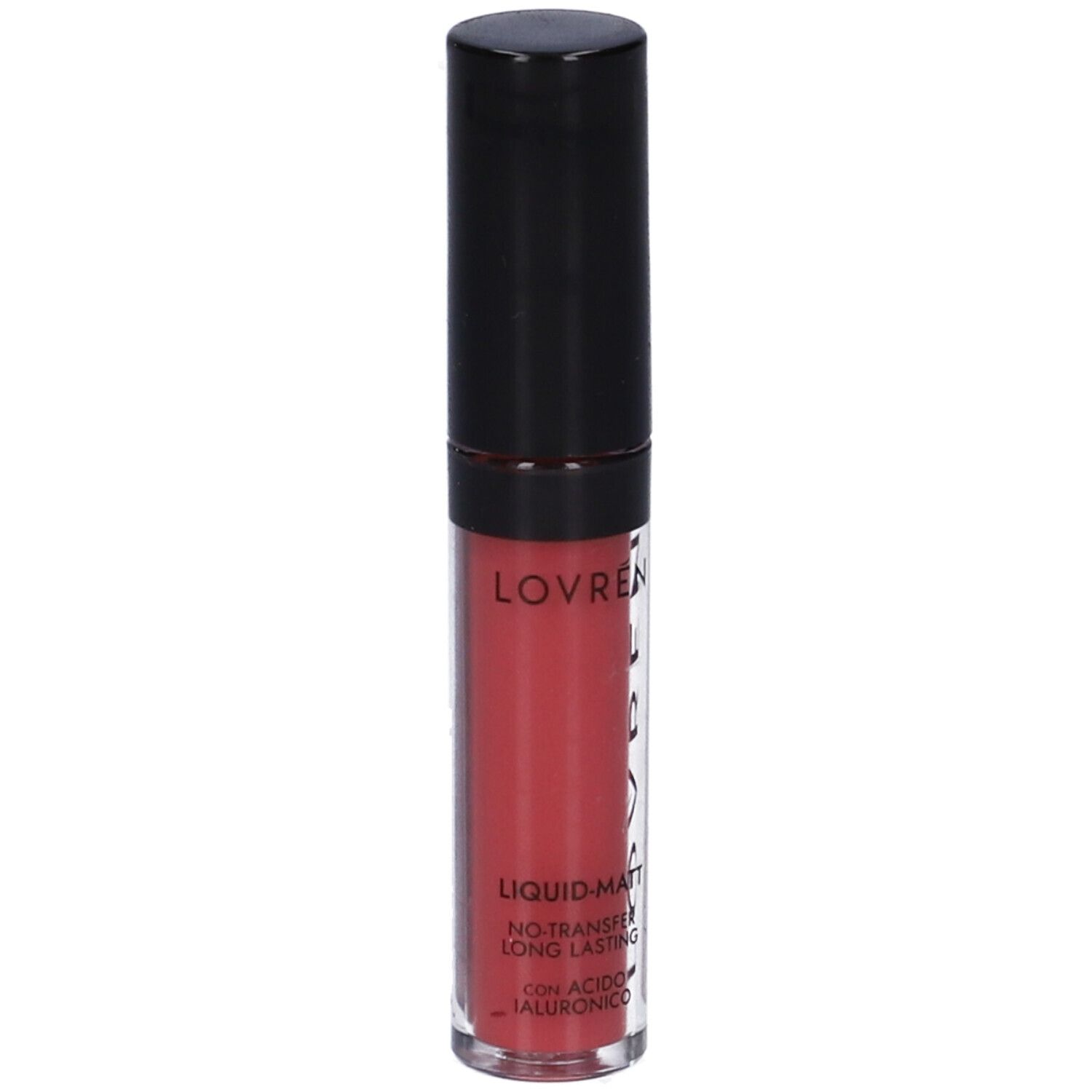 Rossetto liquido con tappo nero. Tonalità rosa. Scritta: LIQUID-MATT, NO-TRANSFER, LONG-LASTING, con acido ialuronico.