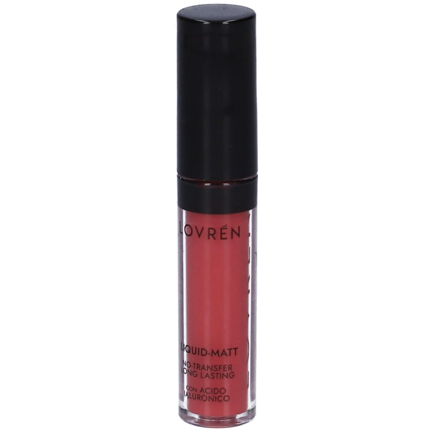 Rossetto liquido con tappo nero. Tonalità rosa. Scritta: LIQUID-MATT, NO-TRANSFER, LONG-LASTING, con acido ialuronico.