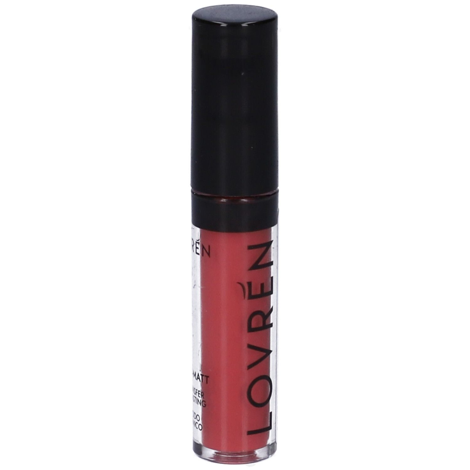Rossetto liquido con tappo nero. Tonalità rosa. Scritta: LIQUID-MATT, NO-TRANSFER, LONG-LASTING, con acido ialuronico.