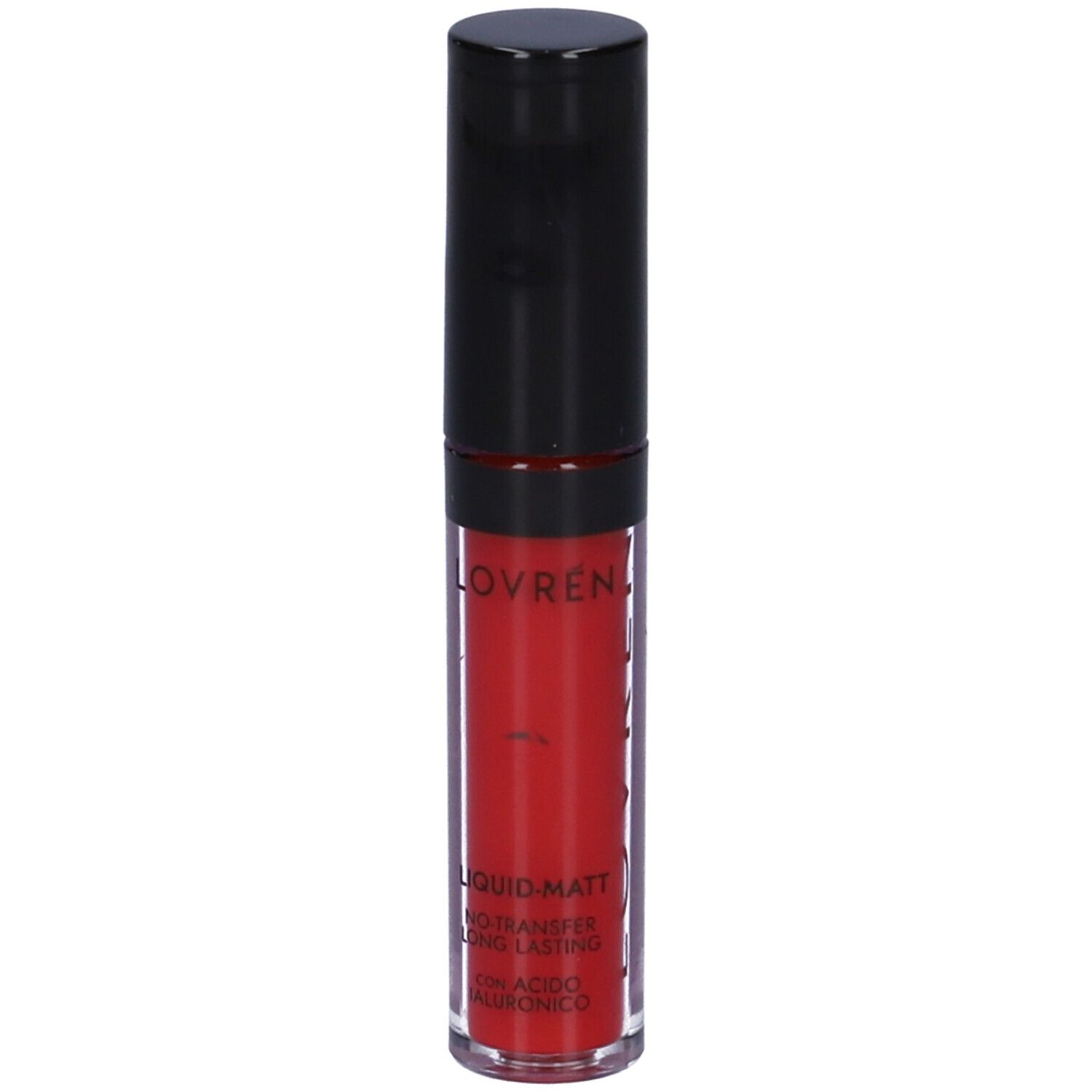 Rossetto liquido rosso con tappo nero. Scritta: LOVREN, LIQUID-MATT.
