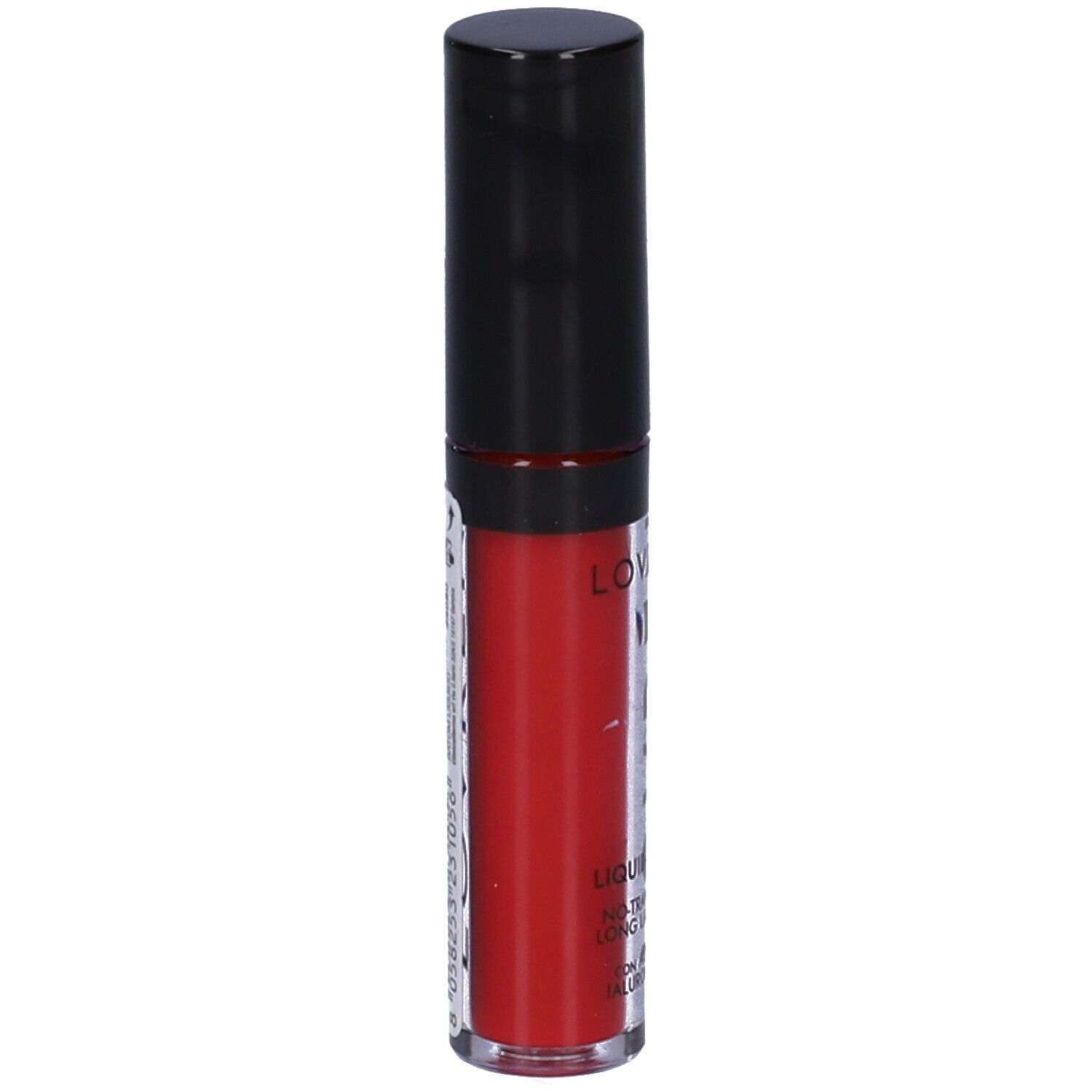 Rossetto liquido rosso con tappo nero. Scritta: LOVREN, LIQUID-MATT.