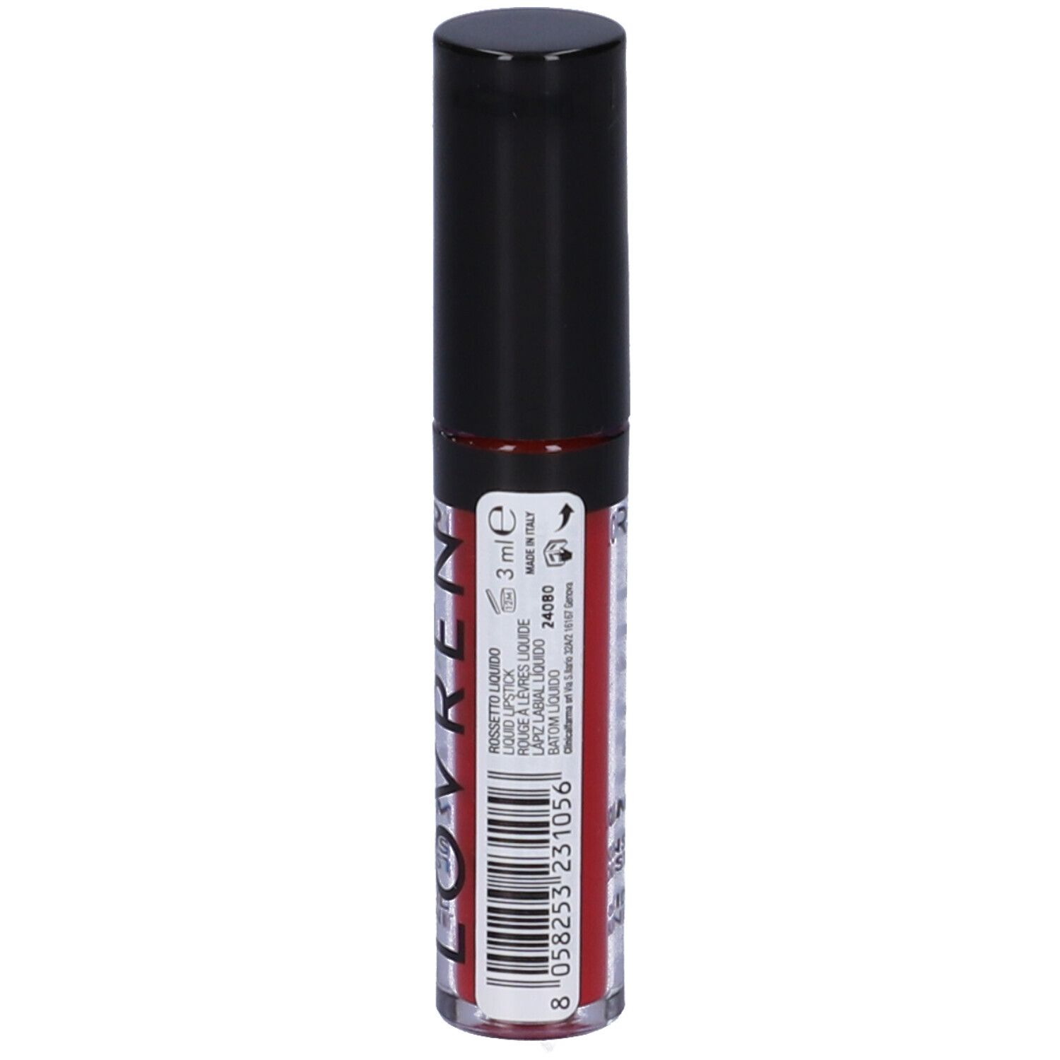 Rossetto liquido rosso con tappo nero. Scritta: LOVREN, 3 ml, codice a barre.