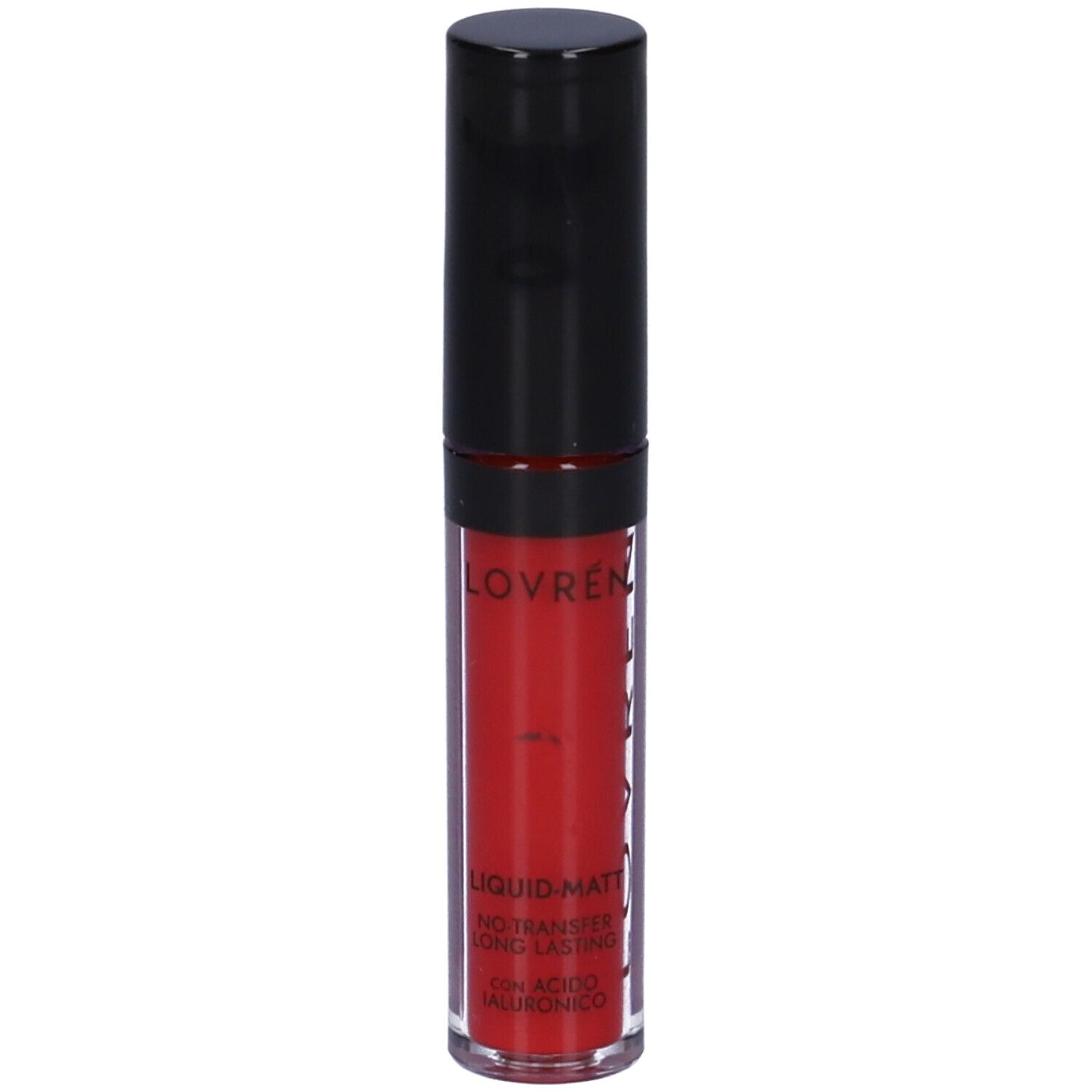 Rossetto liquido rosso con tappo nero. Scritta: LOVREN, LIQUID-MATT.