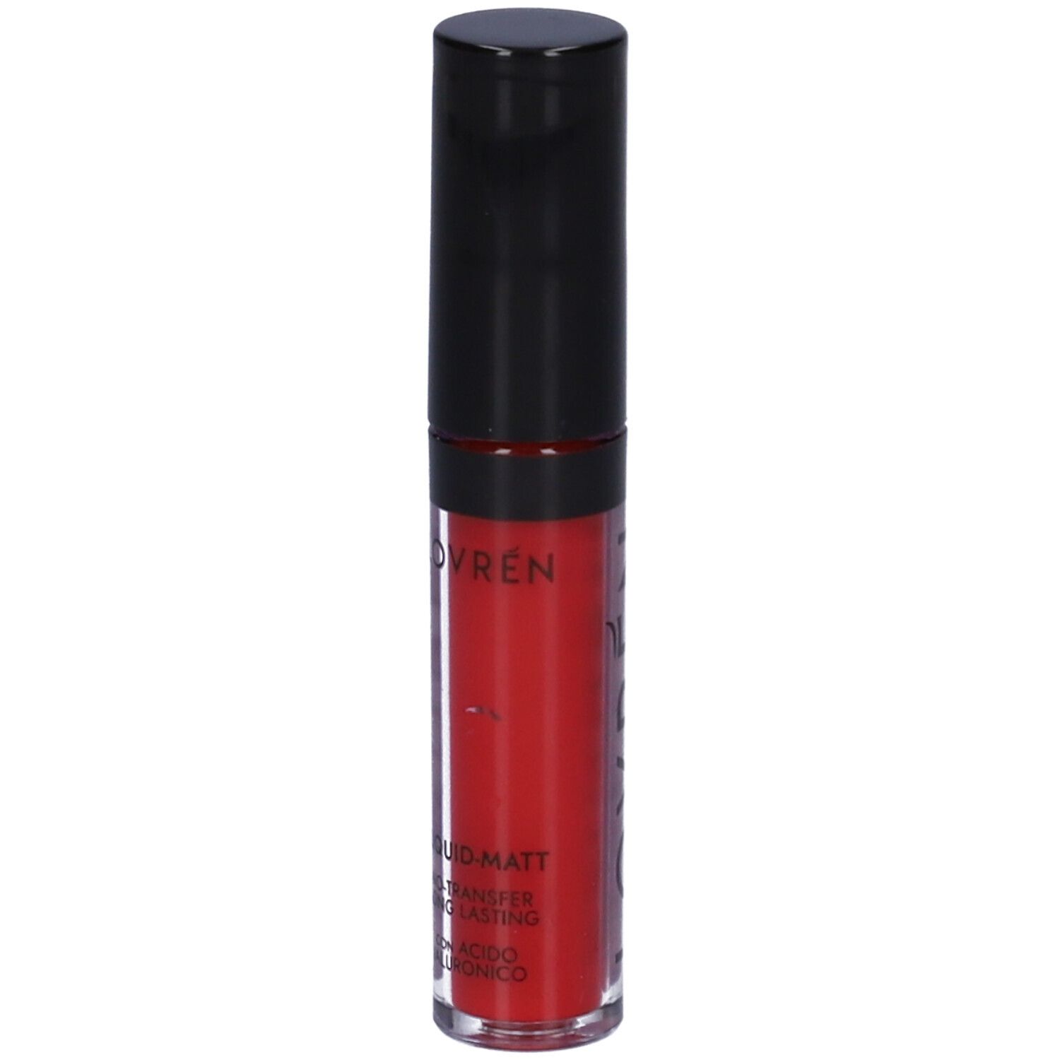 Rossetto liquido rosso con tappo nero. Scritta: LOVREN, LIQUID-MATT.
