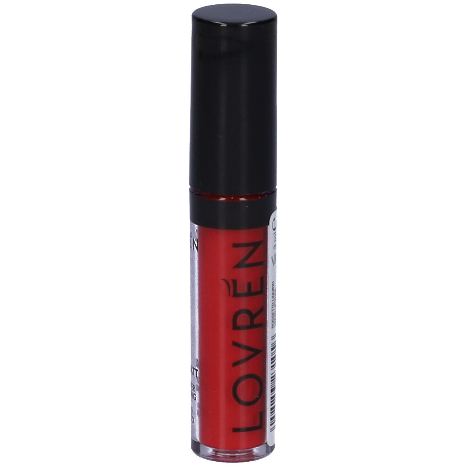 Rossetto liquido rosso con tappo nero. Scritta: LOVREN, LIQUID-MATT.