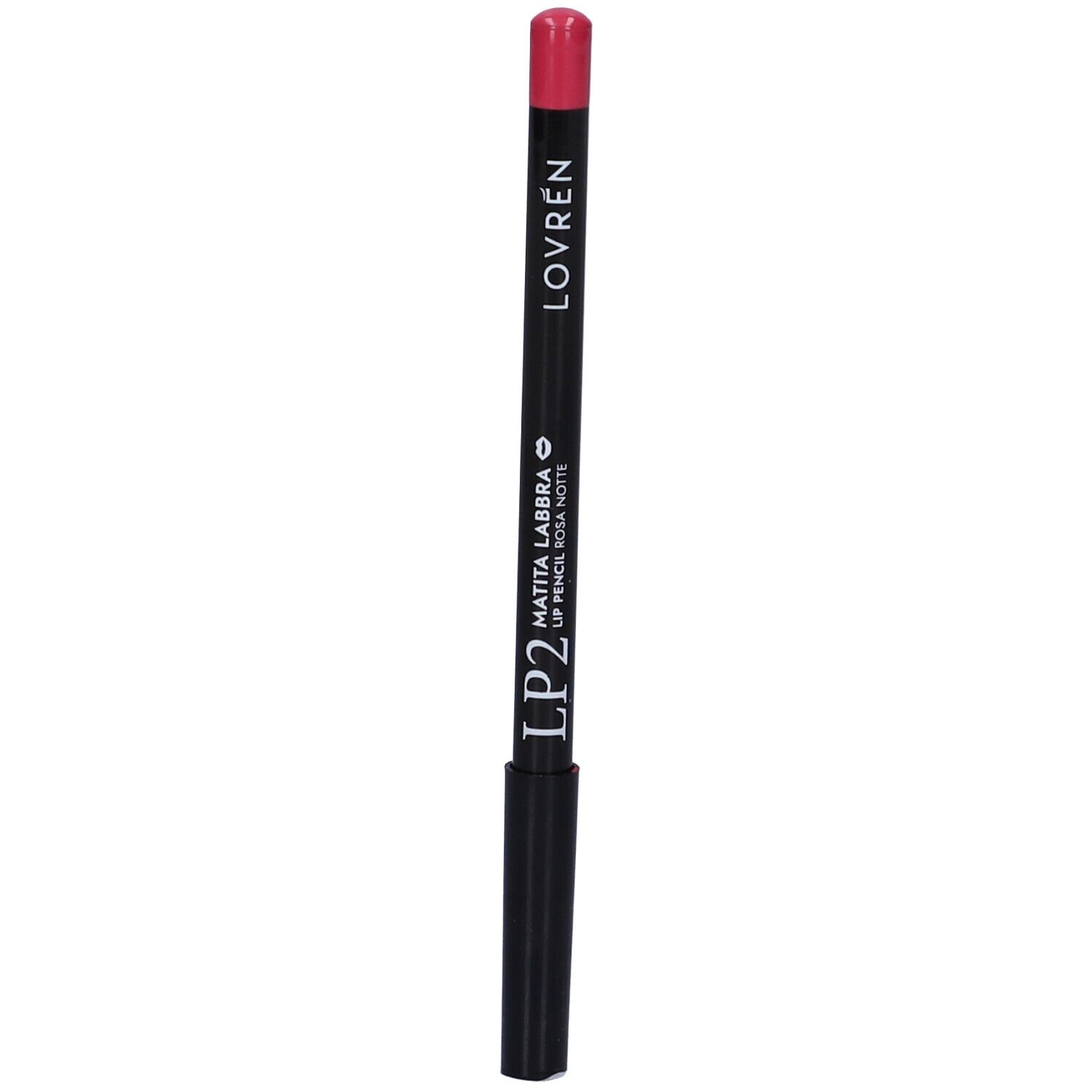 Matita labbra rosa, corpo nero. Scritta: Lovren, Matita Labbra LP2 Rosa Notte.