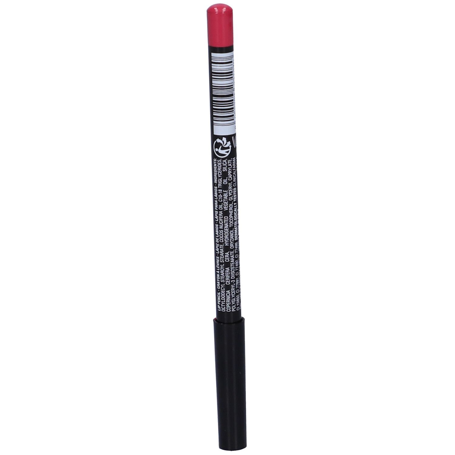 Matita labbra rosa, corpo nero. Codice a barre e testo.