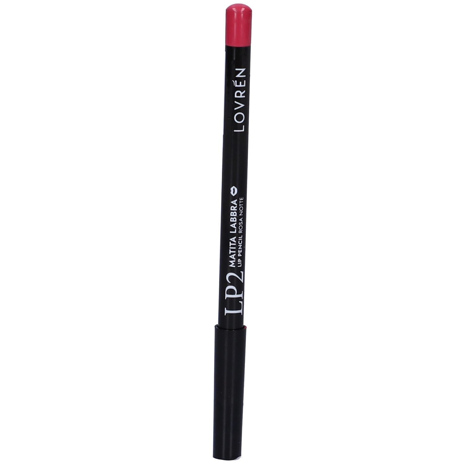 Matita labbra rosa, corpo nero. Scritta: Lovren, Matita Labbra LP2 Rosa Notte.