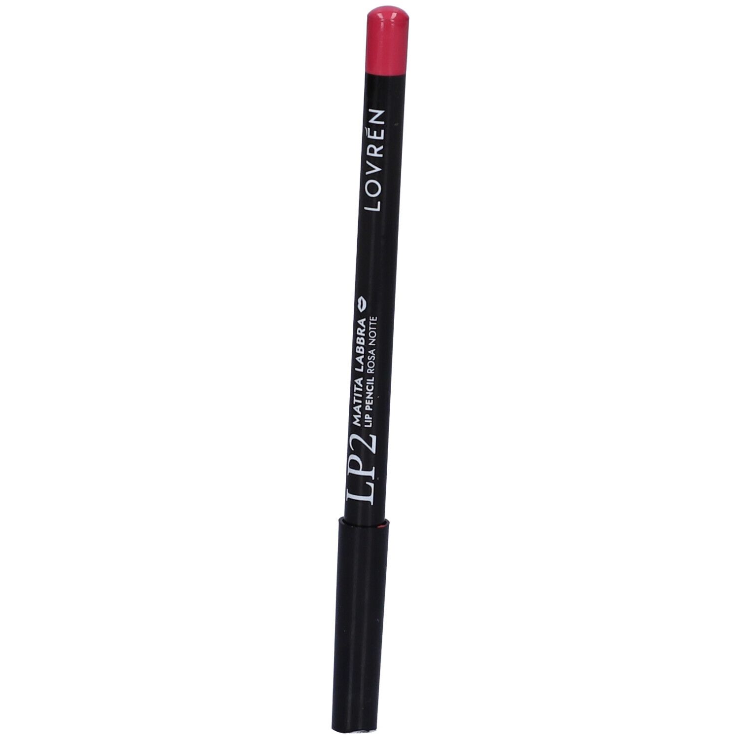 Matita labbra rosa, corpo nero. Scritta: Lovren, Matita Labbra LP2 Rosa Notte.