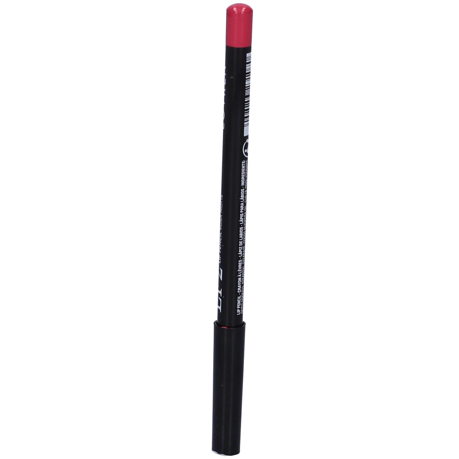 Matita labbra rosa, corpo nero. Codice a barre e testo.