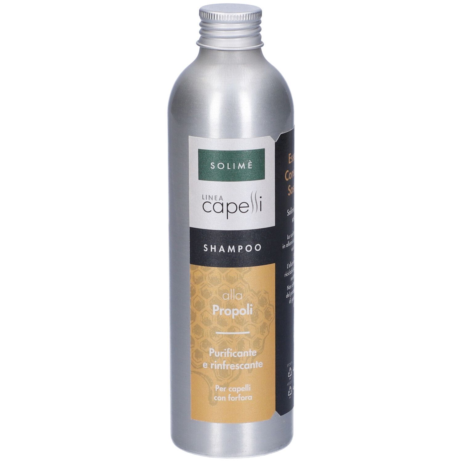 Flacone d'argento con etichetta. Scritta: Linea Capelli Shampoo, Propoli. Design verde e oro.