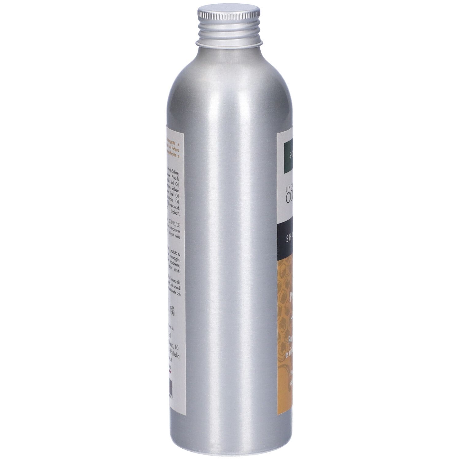 Flacone d'argento. Etichetta con testo. Scritta: Linea Capelli Shampoo. Retro con ingredienti.