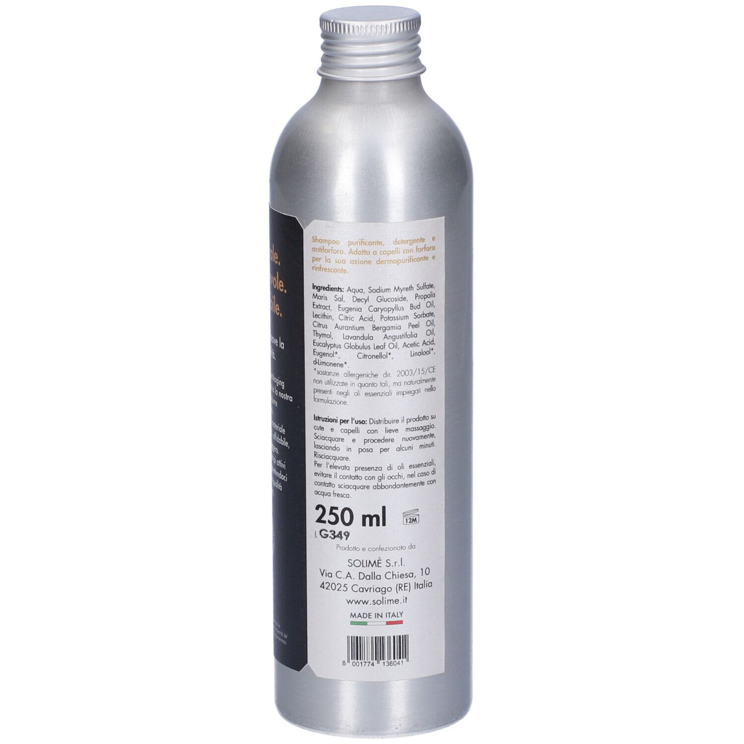 Retro di un flacone d'argento. Etichetta con testo e ingredienti. Scritta: 250 ml.