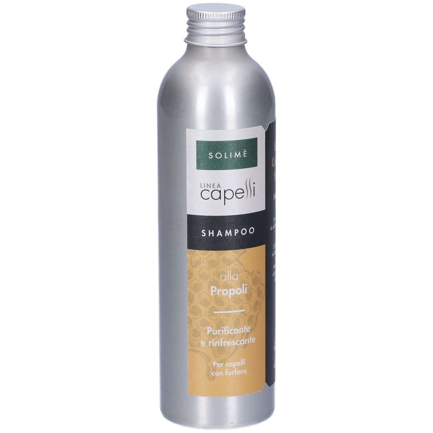 Flacone d'argento con etichetta. Scritta: Linea Capelli Shampoo, Propoli. Design verde e oro.