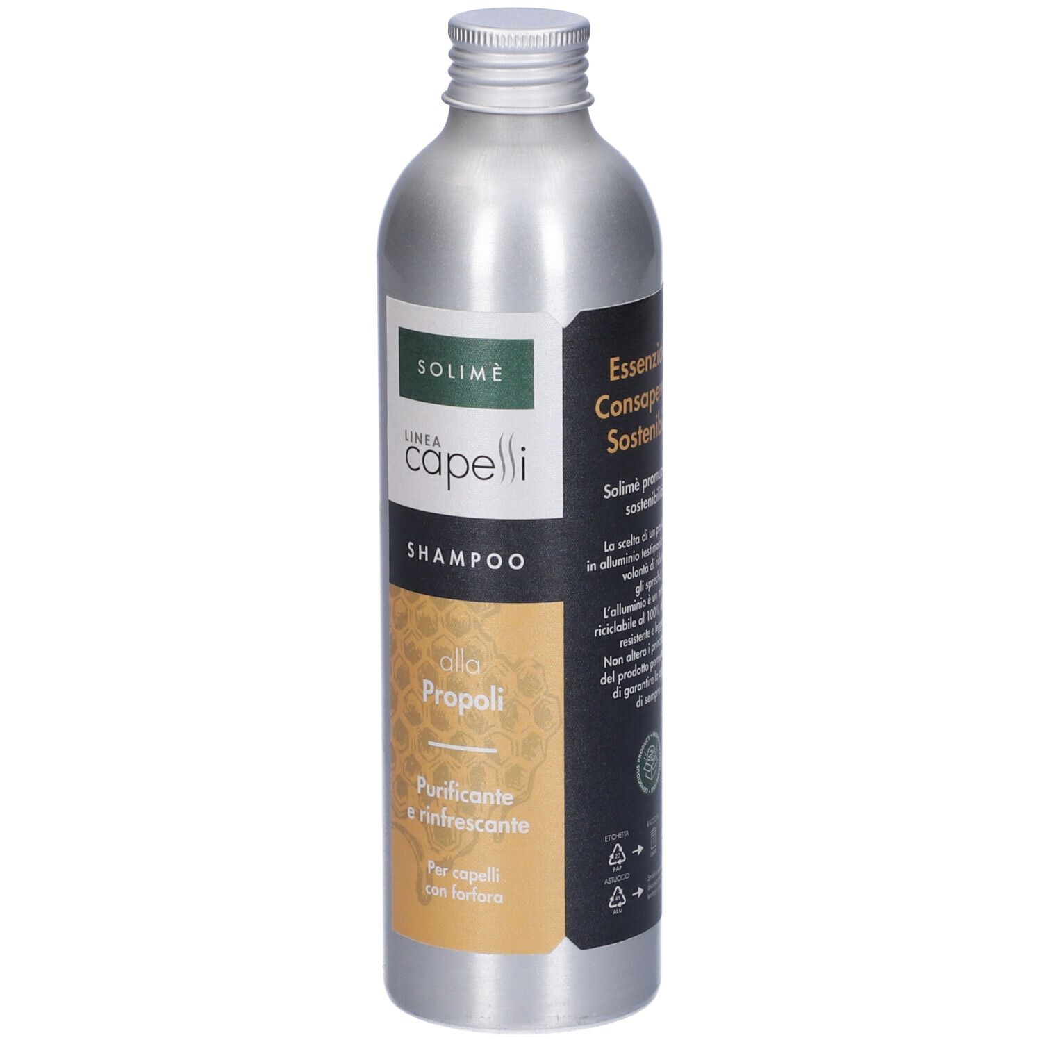 Flacone d'argento con etichetta. Scritta: Linea Capelli Shampoo, Propoli. Design verde e oro.