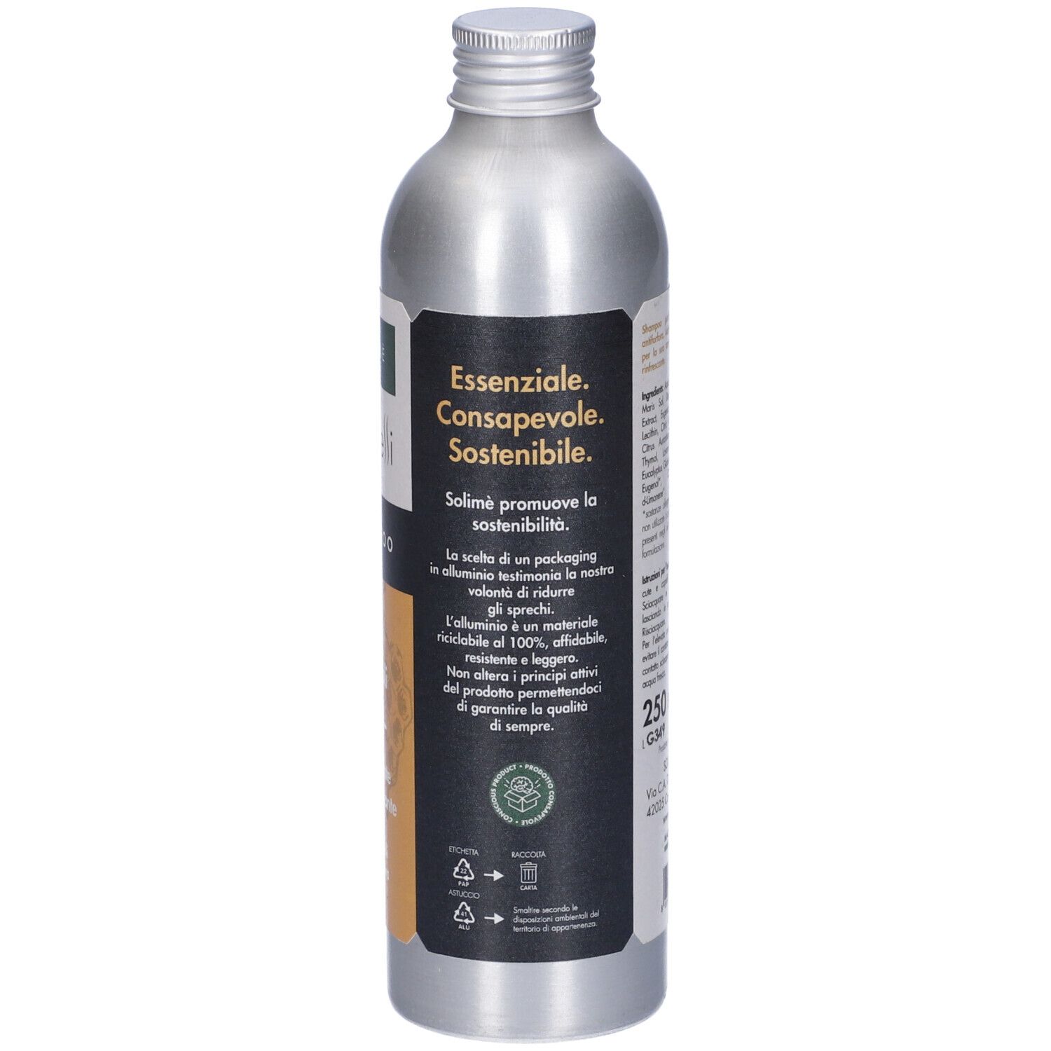 Retro di un flacone d'argento. Etichetta con testo. Scritta: 250 ml. Simboli di riciclaggio.