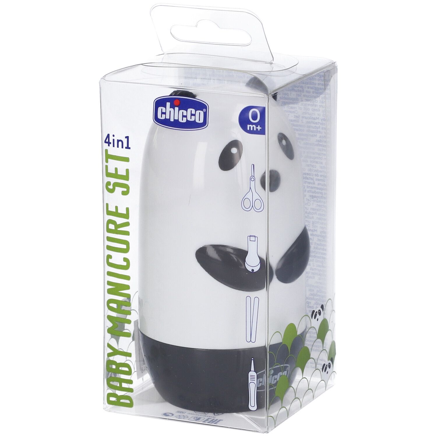 Set manicure Chicco Panda 4 in 1, confezione trasparente. Forbici, lima e altro. Marchio e età 0m+ visibili.