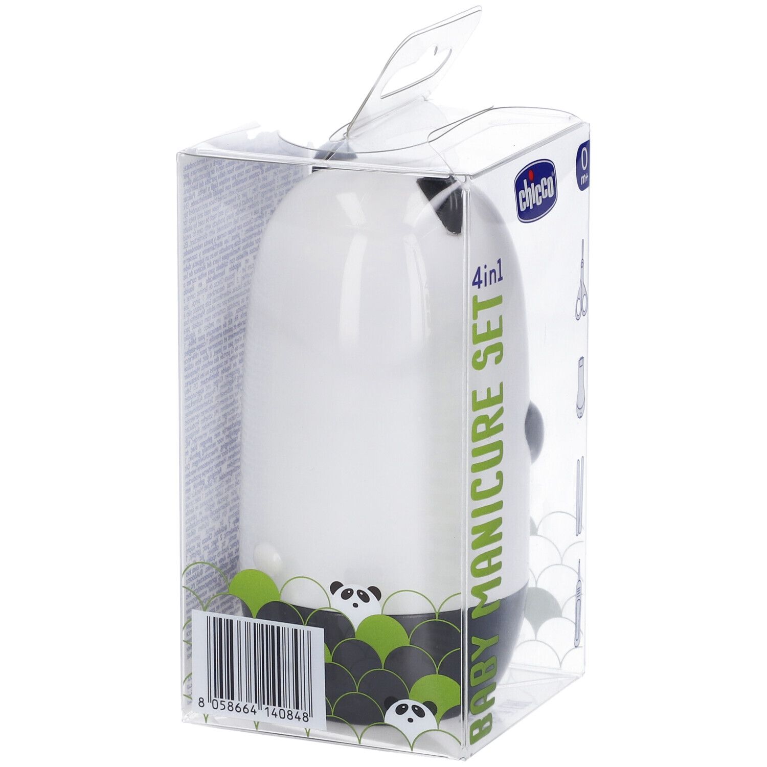 Set manicure Chicco Panda, confezione trasparente. Design panda, scritta 4 in 1. Codice a barre visibile.