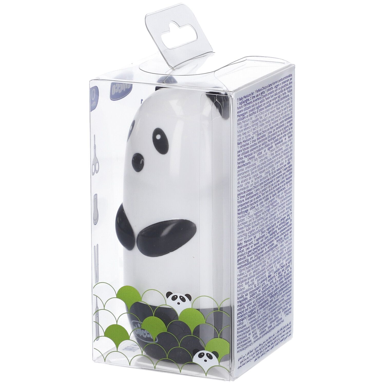 Set manicure Chicco Panda in confezione trasparente. Design panda, set 4 in 1. Testo e illustrazioni.