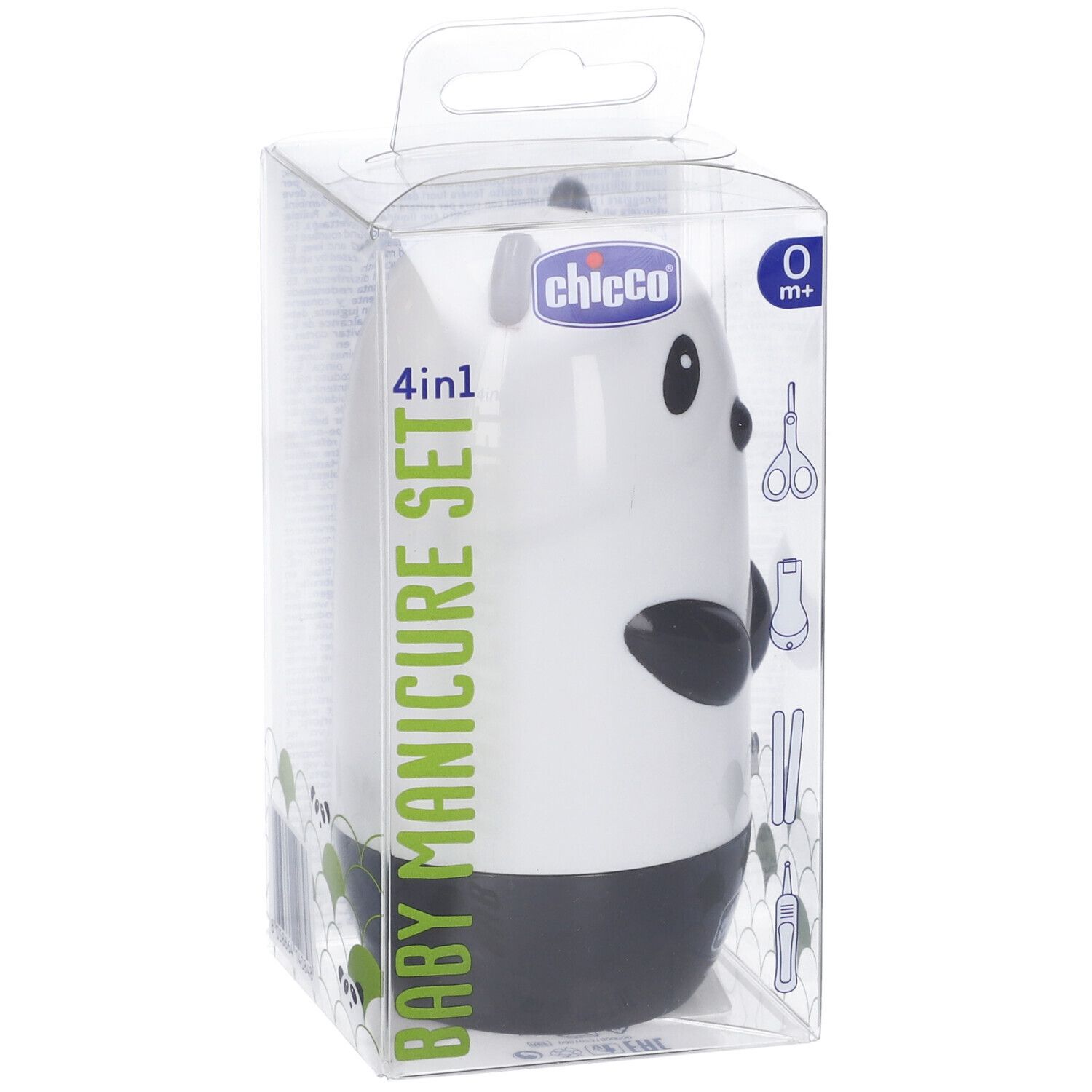 Set manicure Chicco Panda 4 in 1, confezione trasparente. Forbici, lima e altro. 0m+.