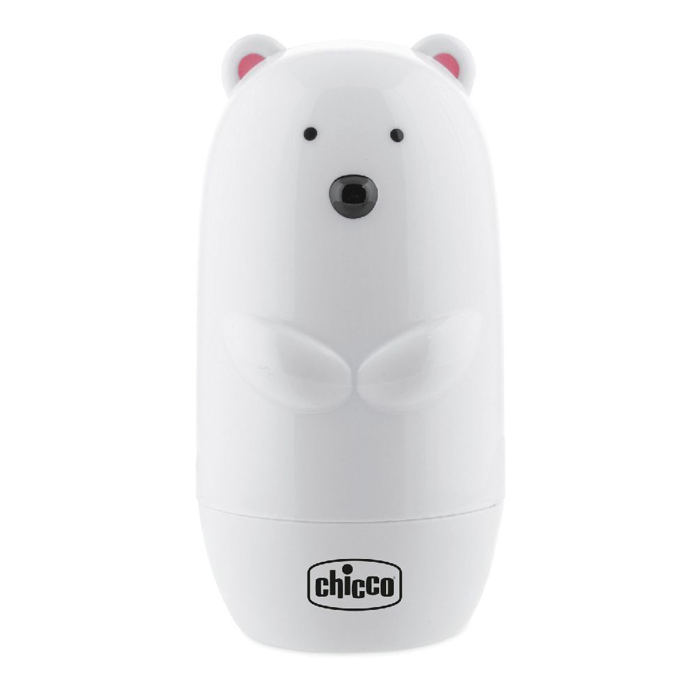 Contenitore bianco a forma di orso con naso nero e orecchie rosa. Marchio: Chicco.