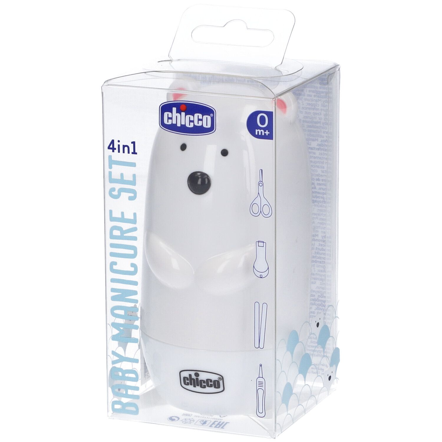 Set manicure per bambini in confezione trasparente. Contiene orso bianco, forbici, lima e altro. Marchio: Chicco.